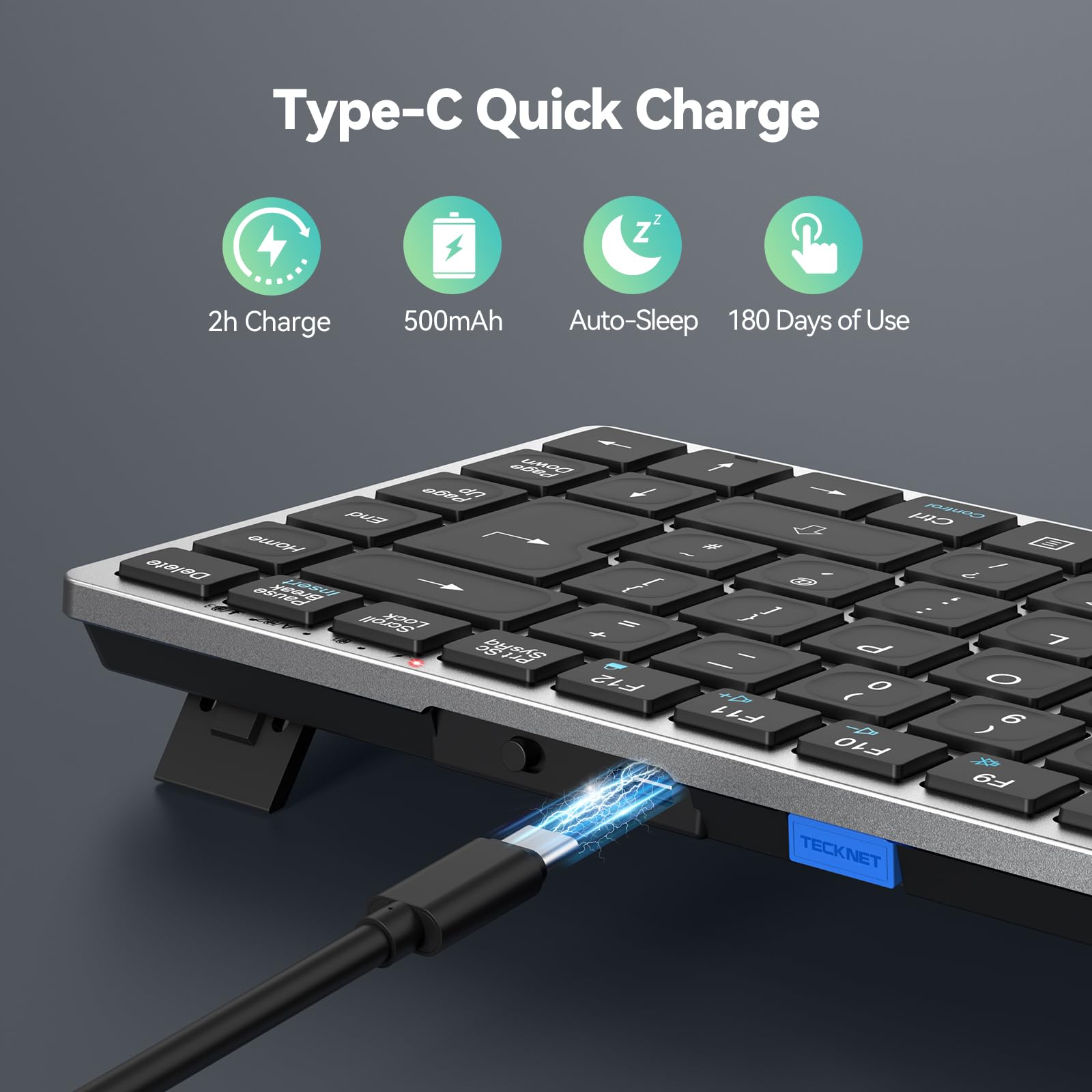 TECKNET 2.4G Wireless Keyboard, Rechargeable Bluetooth Keyboard for 4 Multi Devices, QWERTY UK Layout Compact Mini keypad, Small Silent Keys for Laptop, Phone, Smart TV, Computer, Tablet - Silver - 4