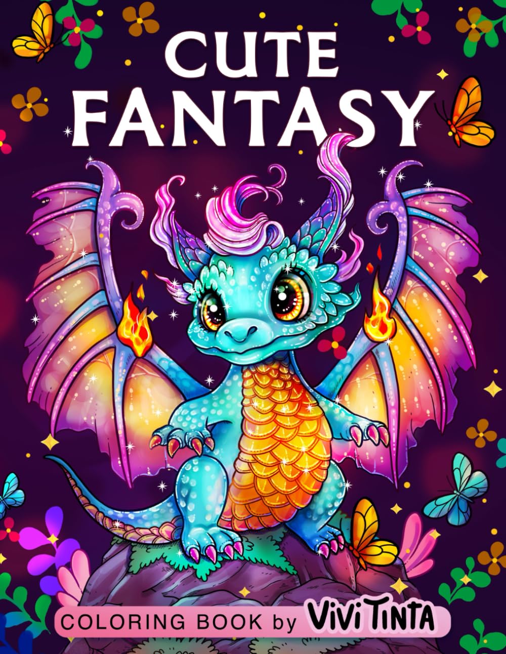 Cute Fantasy: Coloring Book for Adults & Teens with Adorable Fantasy Dragons, Mermaids, Unicorns and other Magical Creatures