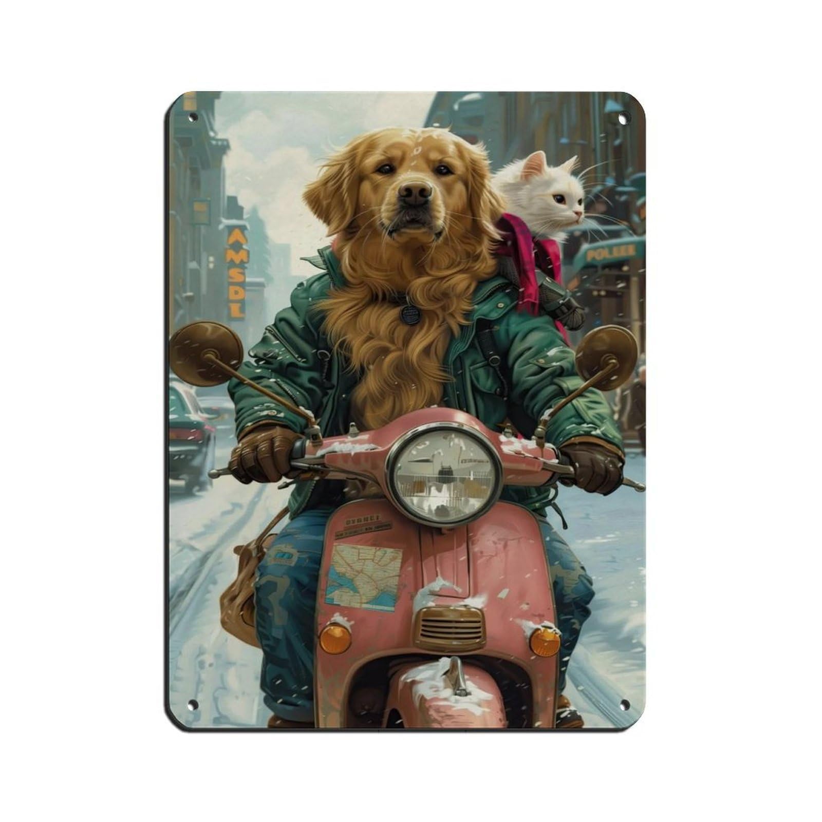 Lxwnze 30L X 40W Cm Cat And Dog Art Golden Retriever Riding A Scooter With Tin Sign Vintage Metal Pub Club Cafe Bar Home Wall Art Decoration Poster Retro 12X16inch(30X40cm)