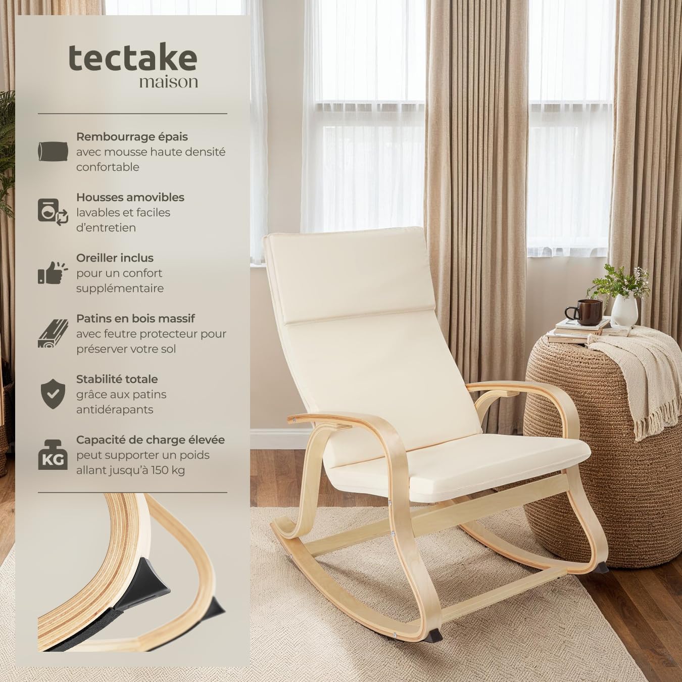 tectake® Fauteuil à Bascule avec Accoudoirs Rocking Chair Fauteuil Relax rembourée Cadre en Bois Fauteuil Salon Veranda, Chaise Ergonomique idéal Détente, Fauteuil Allaitement