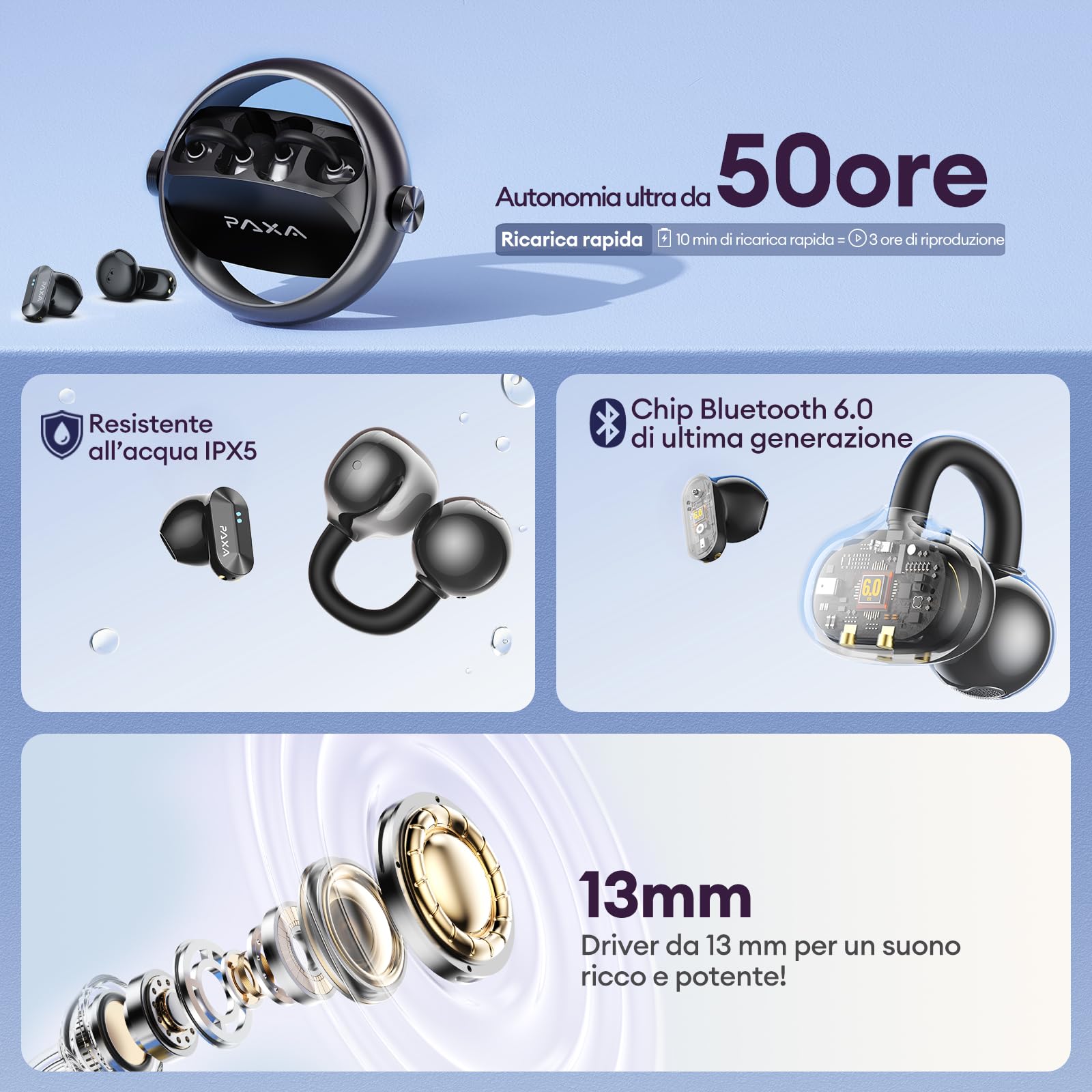 PAXA Auricolari Bluetooth Open Ear Clip-On 2 in 1 con App StillVoice, Bluetooth 6.0, 50 Ore di Autonomia, Riduzione Ibrida del Rumore, Sync Automatico L/R, Nero