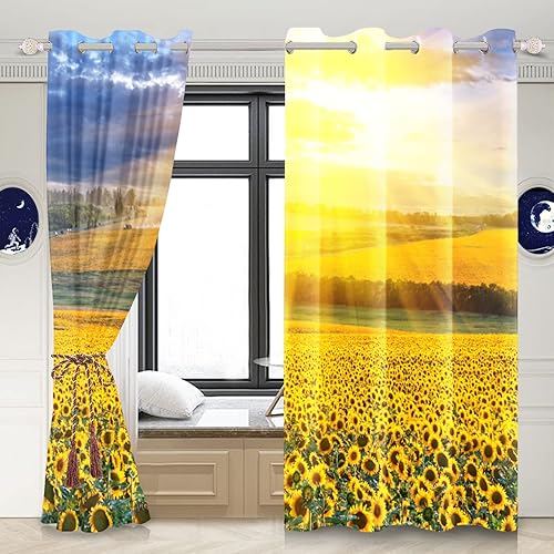 Miniatura 2 de Renaiss Cortinas opacas con diseño de girasoles de amanecer, vida campestre, tierras de cultivo, dormitorio, paisaje natural, cortinas amarillas