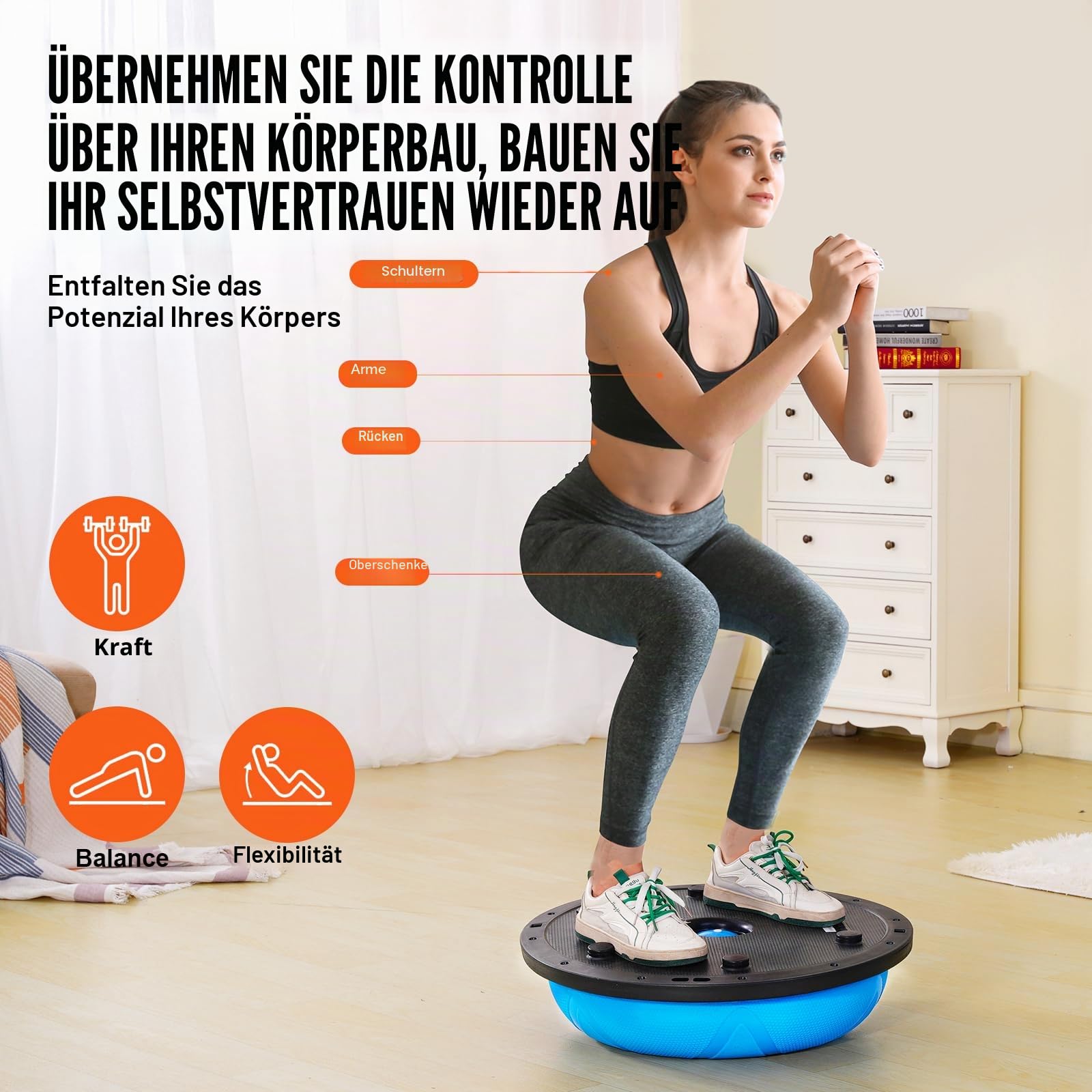 VEVOR Halb-Gymnastikball-Trainer, 58 cm Balance-Ball-Trainer, 300 kg Yoga-Ball mit Widerstandsbändern und Pumpe, Kraft-Fitnessball für das Heim-Fitnessstudio, Ganzkörpertraining, Blau