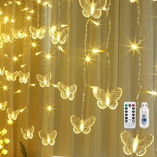 Luces de cortina de mariposa 8 modos de 48 luces LED parpadeantes con control remoto de 49 pies alimentado por USB luces decorativas para dormitorio