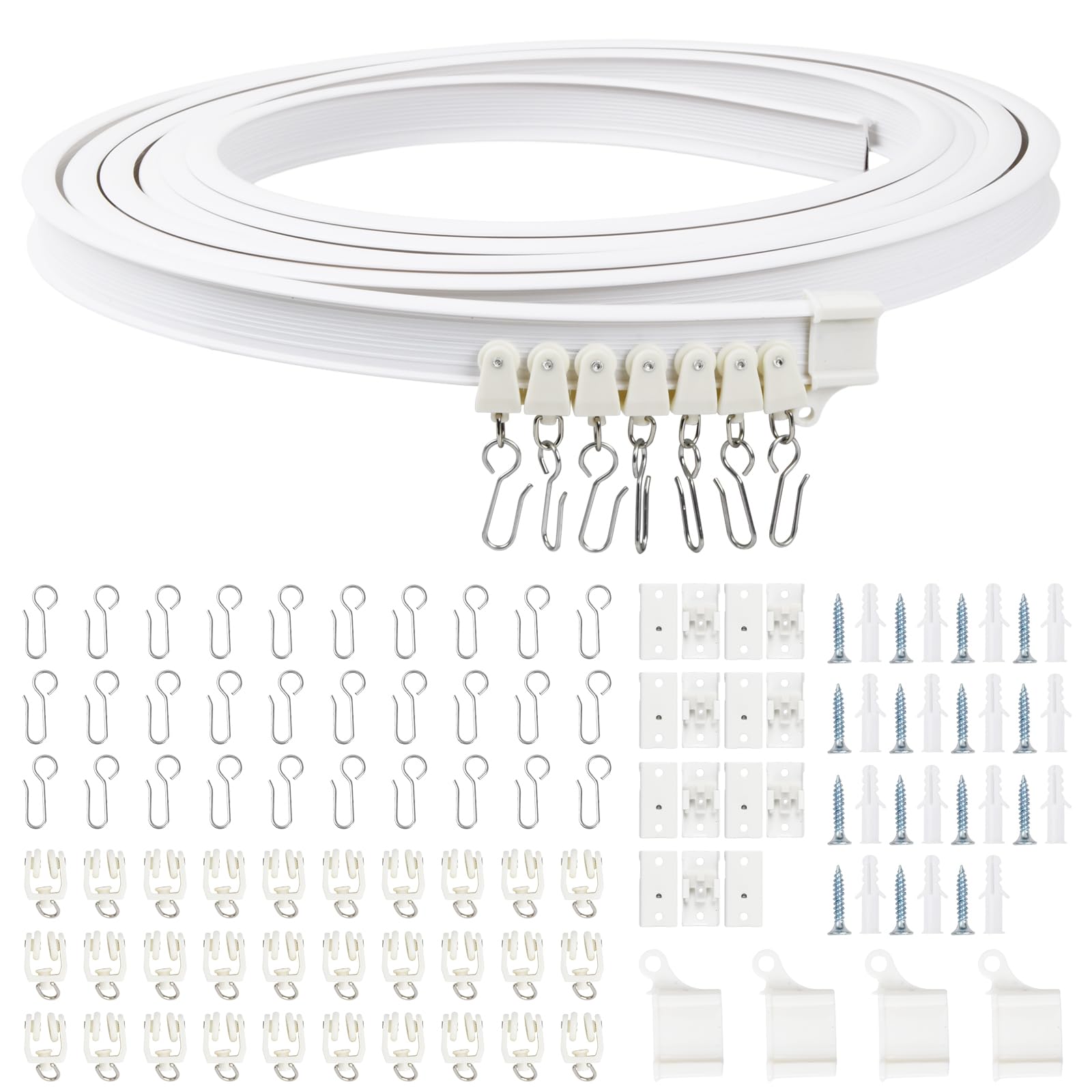 5 m Binario Curvo Tende a Soffitto, 110 Pcs Sistema di Binario Flessibile e Montaggio Accessori, Kit di Binari per Parete Finestre Stanze Divisore Tenda Doccia, Bianco (B)