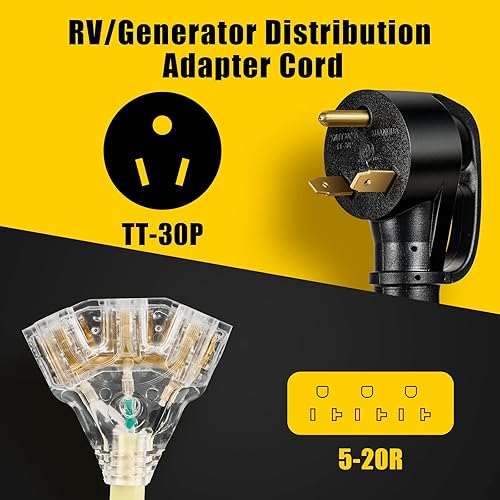 Miniatura 2 de LAZMUMI Cable adaptador de distribución RV de 30 amperios a 110V, NEMA TT-30P macho a 3X 5-15R5-20R T-Blade enchufe doméstico hembra con indicador