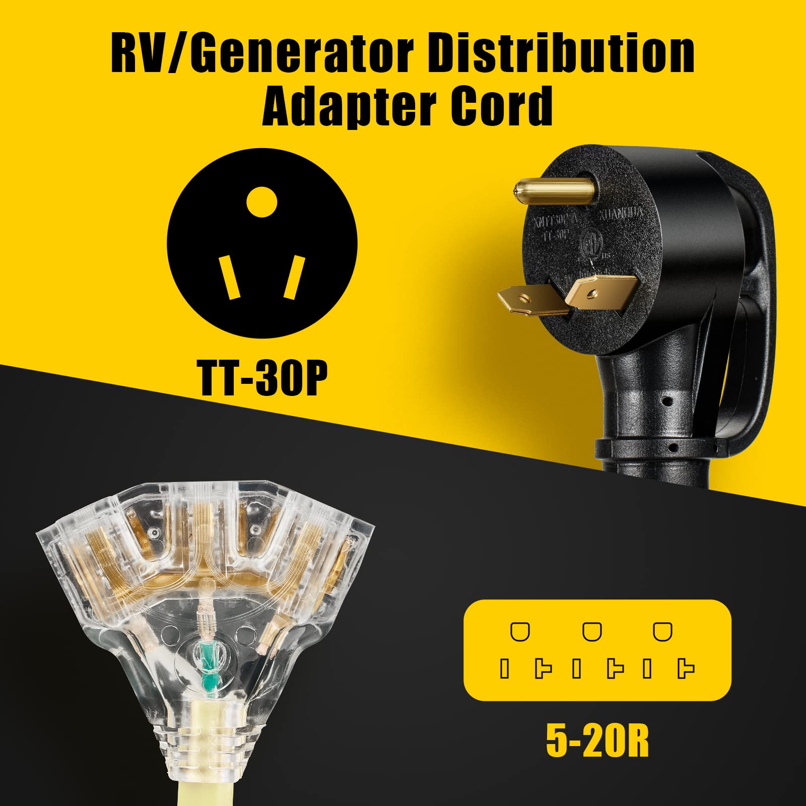 30 Amp to 110V RV Distribution Adapter Cord, NEMA TT-30P Male to 3X 5-15R/5-20R T-Blade Household Outlet Female with LED Power Indicator