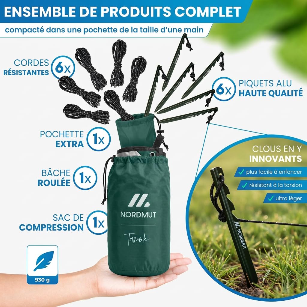 Bâche imperméable NORDMUT® 3x3m avec œillets pour camping et randonnée - Vert (300 x 300 cm)