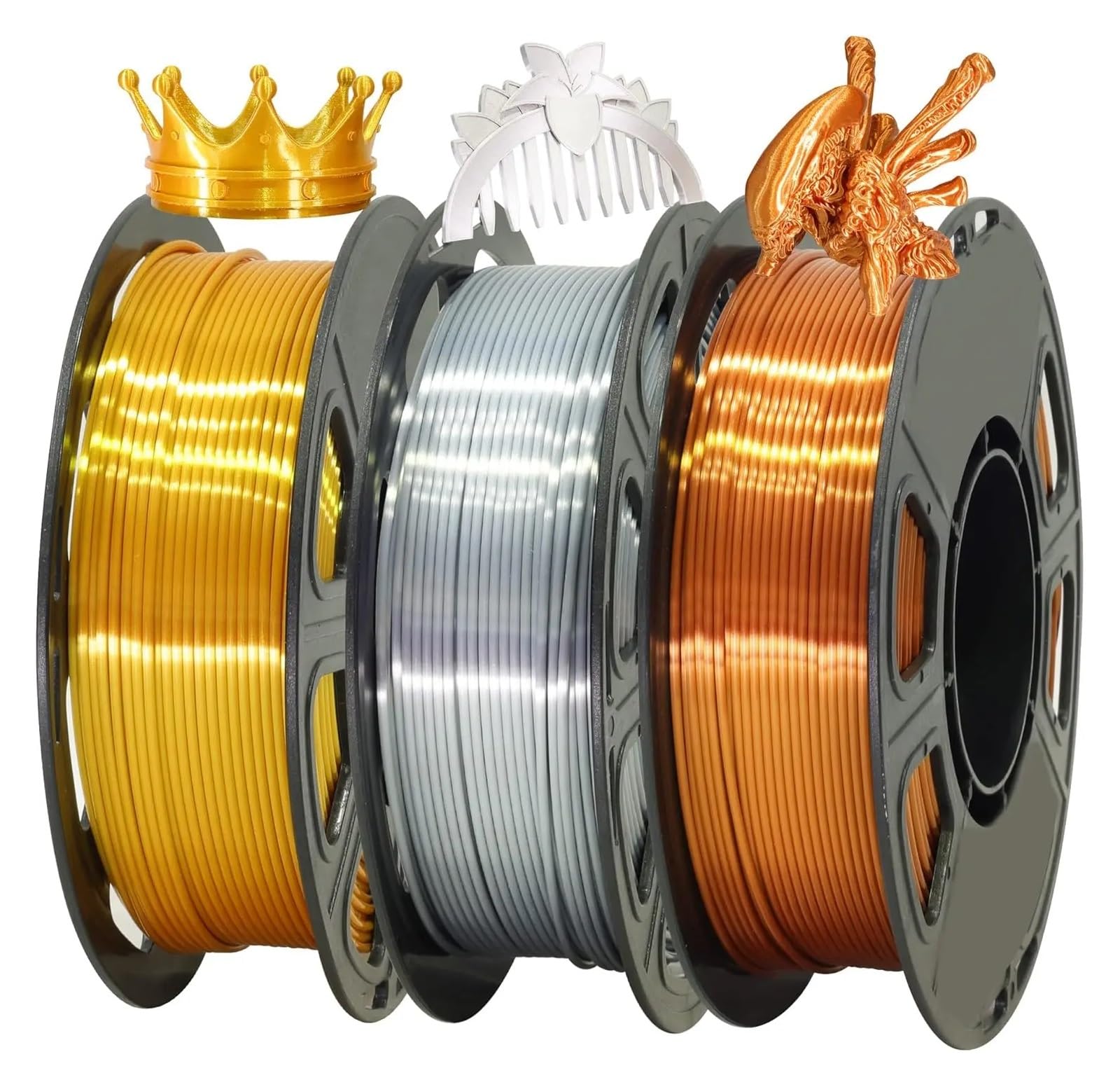 Paquete de filamento PLA de seda brillante, dorado, plateado y cobre, 1,75 mm, for impresora 3D (0,25 kg por bobina)