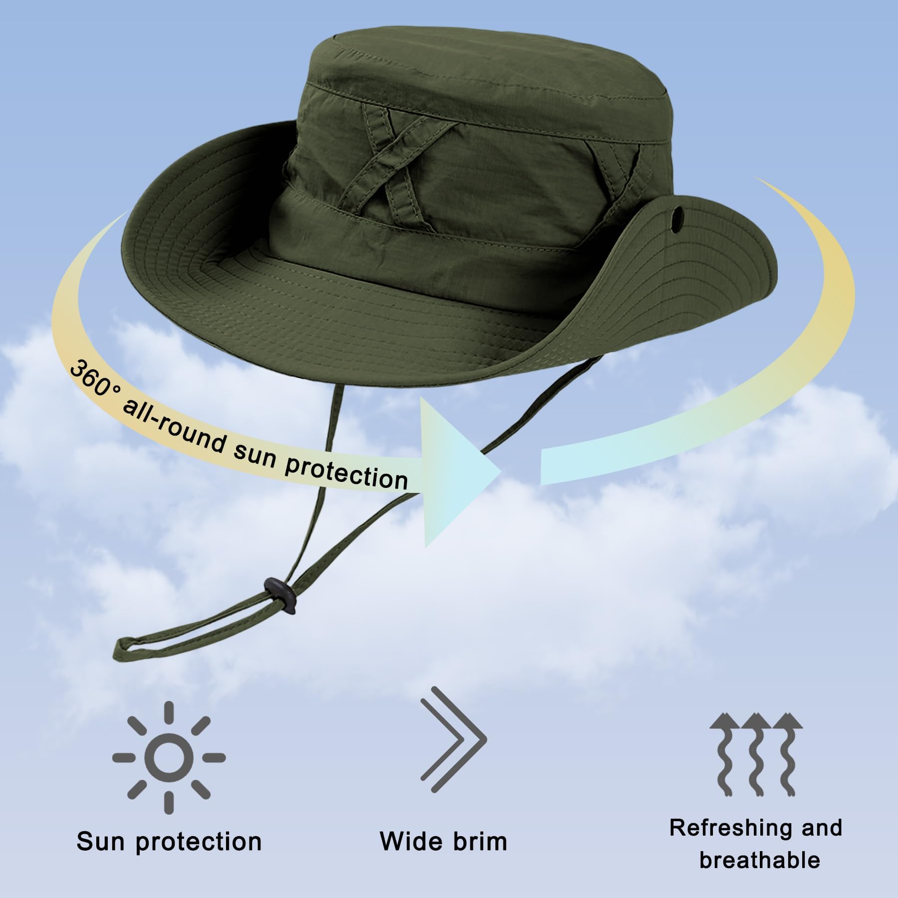 Feng Shui， Outdoor-Eimerhut für Damen – atmungsaktiver Sonnenhut mit breiter Krempe und UV-Schutz, verstellbarem Riemen und Kreuzband-Design