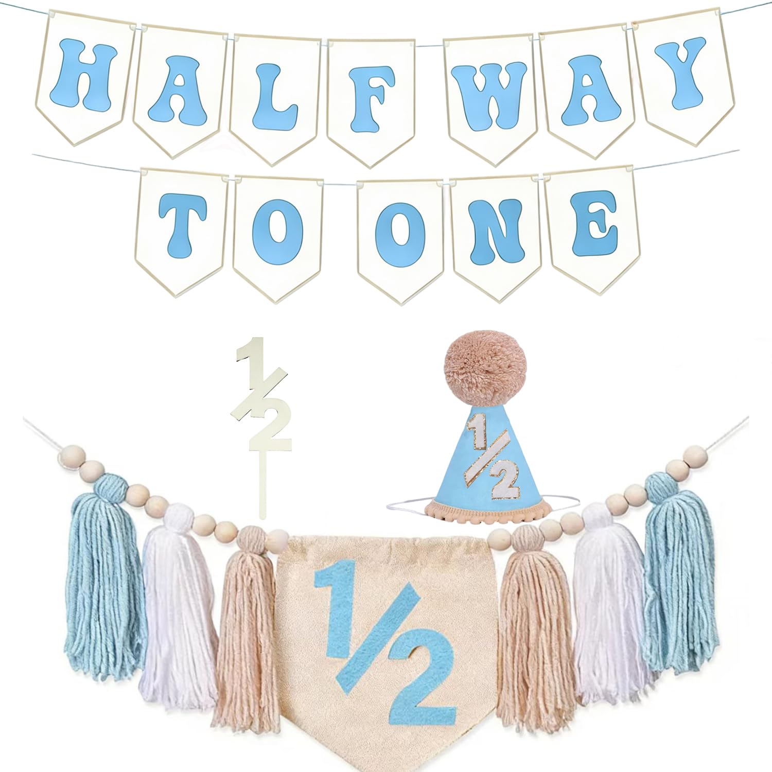 Blue Half Birthday Decorations for Boys - Halfway to One Banner Set Pre-strung 1/2 Birthday High Chair Banner with Wood Bead Tassels Glitter Cone Hat Cake Topper For 1/2 Birthday Boy Decor — image 1