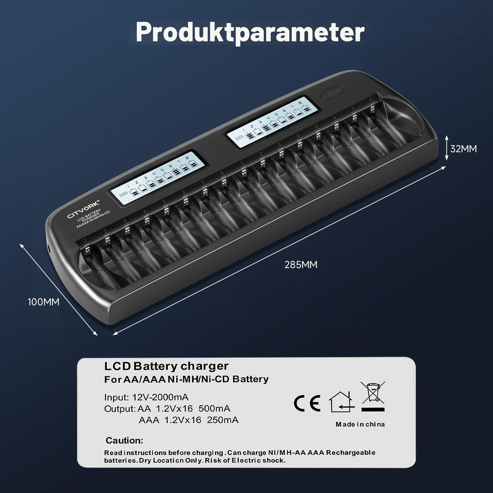 CITYORK Akku Ladegerät AA AAA für AA AAA NI-MH, NI-CD wiederaufladbar Batterien, 16 Slots LCD Batterie ladegerät mit integriertem IC-Schutz und Netzteil (Aufgerüstetes Ladegerät)