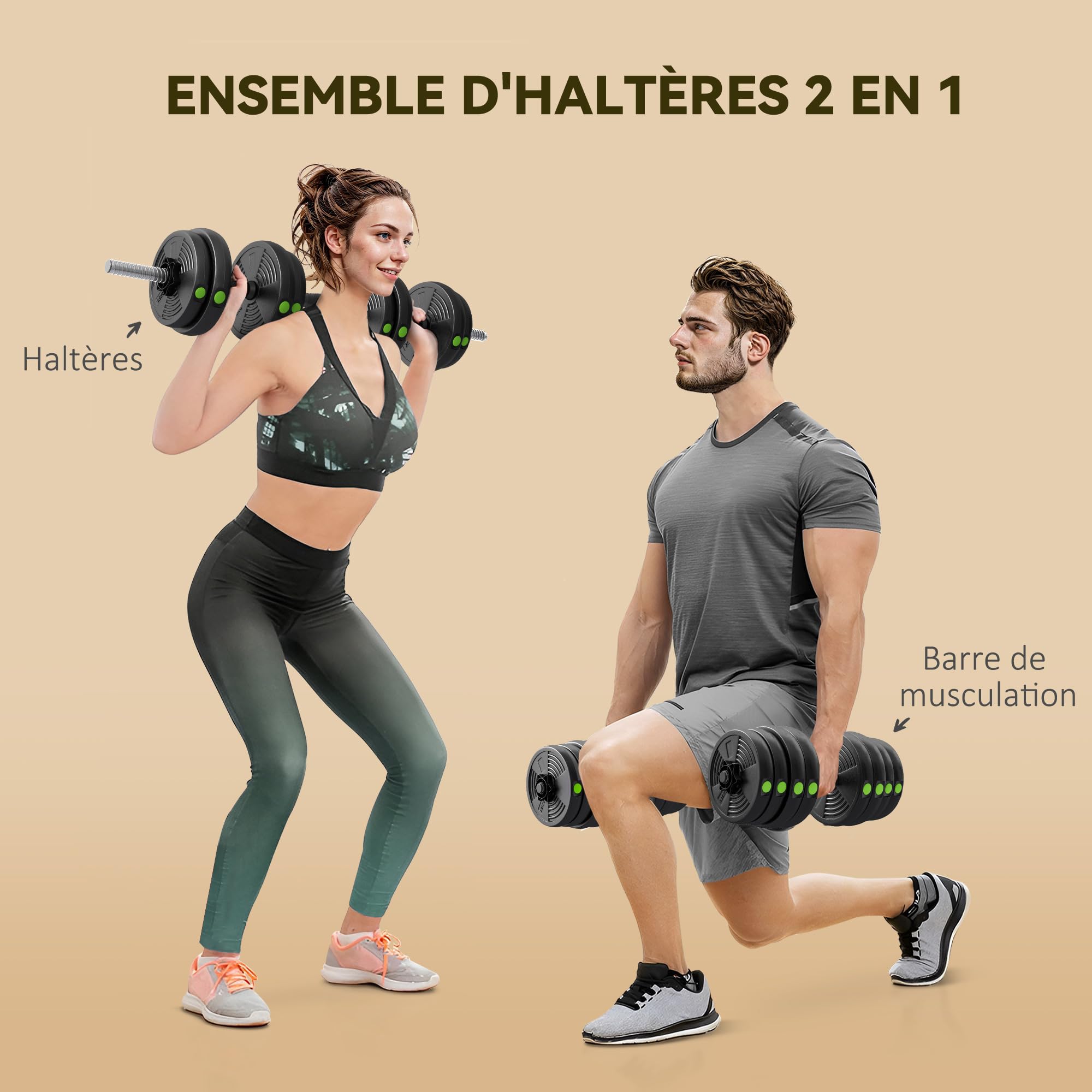 SPORTNOW Haltères 2 en 1 réglables, haltères libres avec poignées antidérapantes, 20/25/30 KG - Barres incluses - entraînement Musculaire & haltérophilie noir et vert