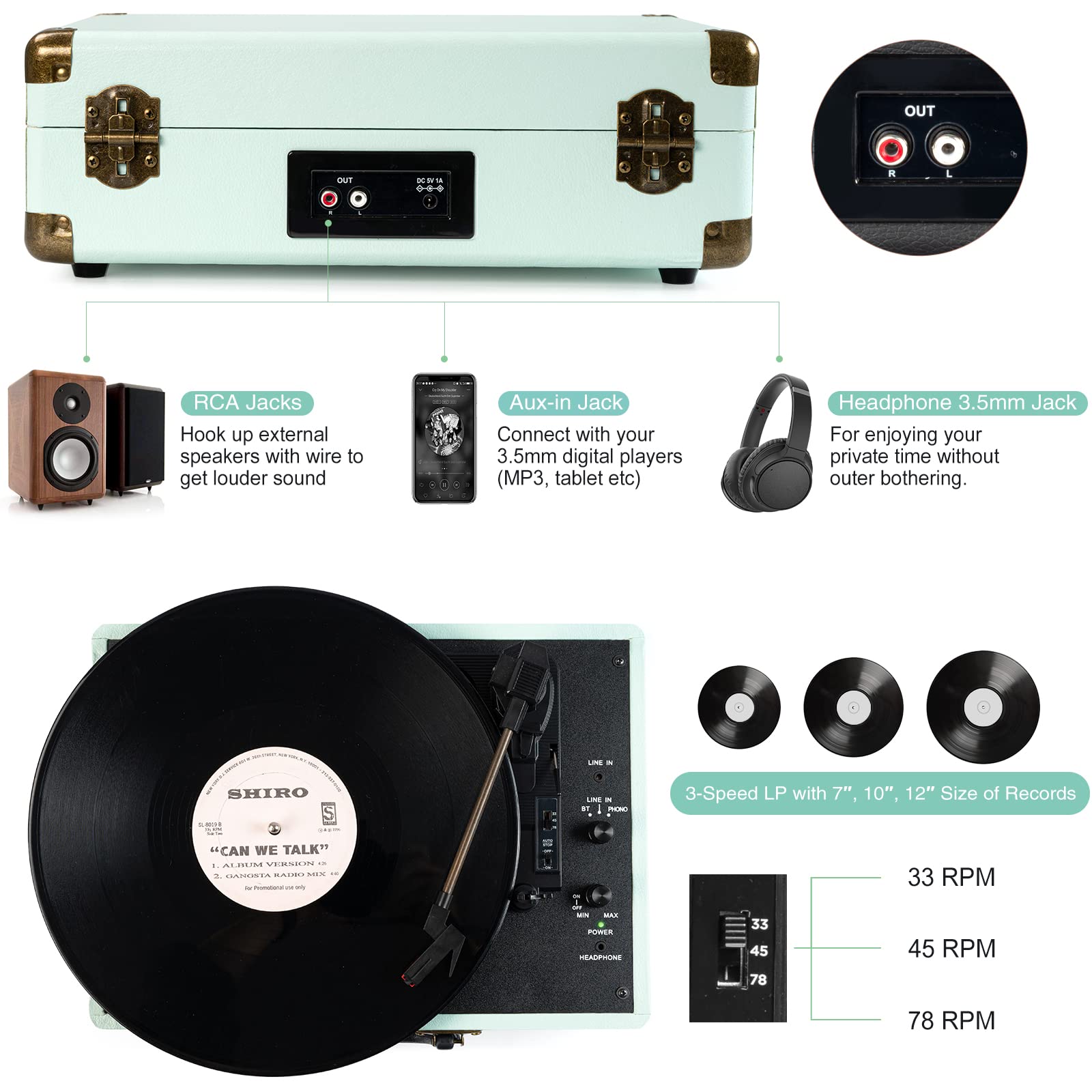 Vinyl Record Player 3-Speed Bluetooth Suitcase Portable Belt-Driven Record Player with Built-in Speakers RCA Line Out AUX in Headphone Jack Vintage Turntable Mint Green