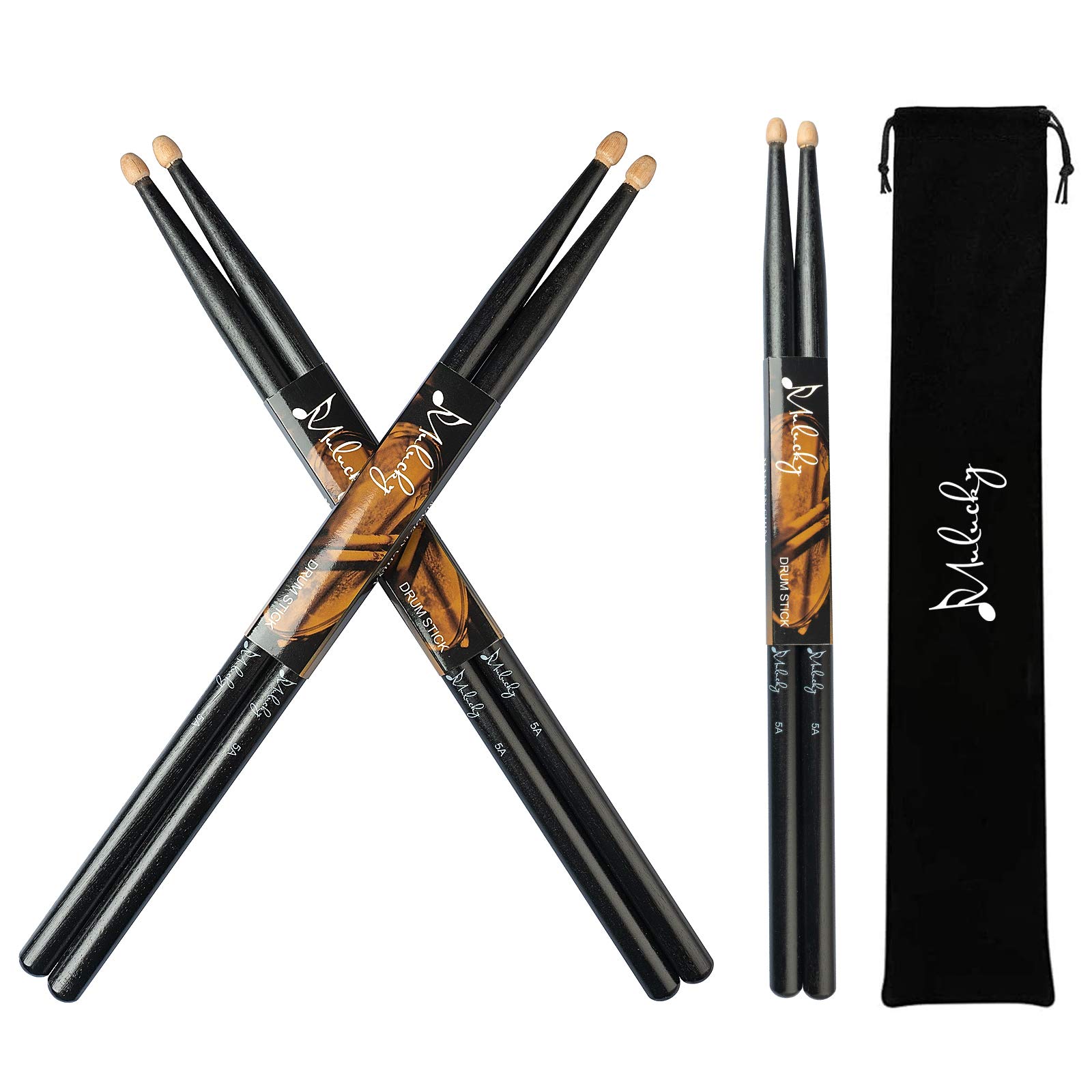 Mulucky5A Drum Sticks Classic Maple Wood Drumsticks With Carrying Bag - 3 Pair Black