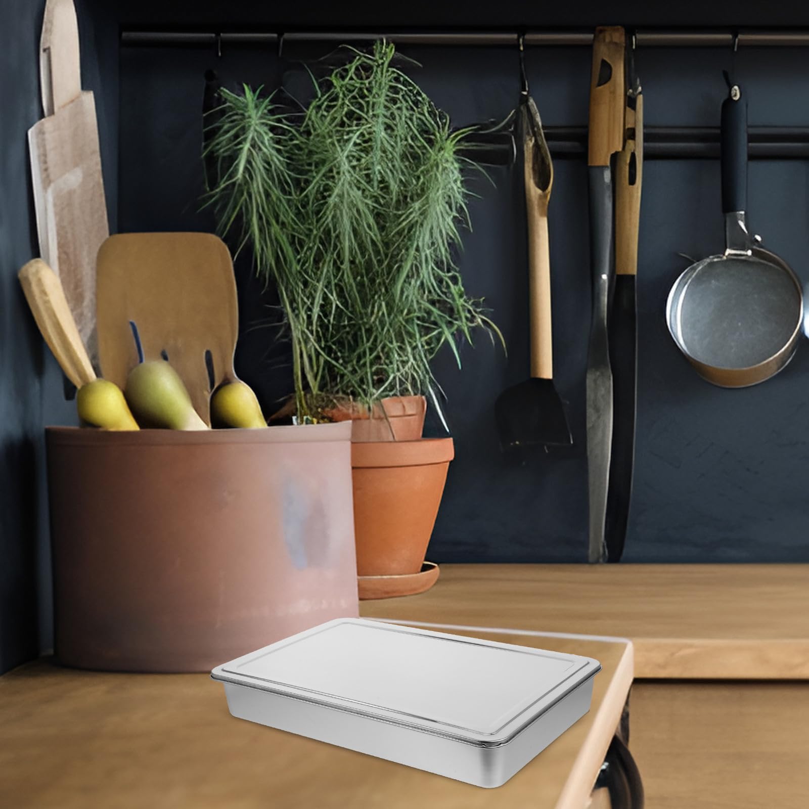 COLLBATH Backform Rechteckig aus Edelstahl mit Deckel 43X28X6cm Luftdicht Verschließbar Platzsparend und Stapelbar für Toasterofen und Backofen Geeignet zum Backen und Aufbewahren von