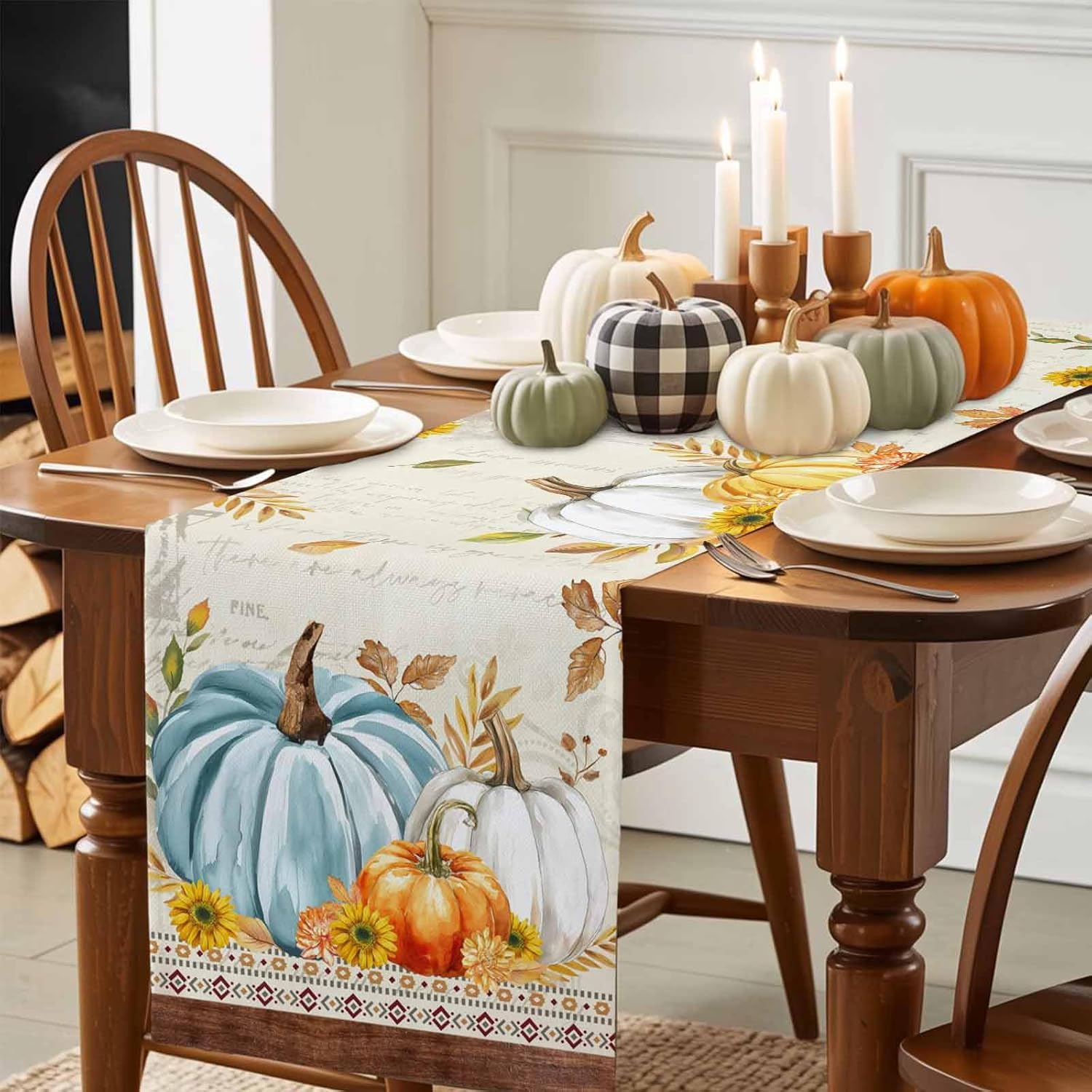 Fall Table Runner 13x108 Inches Long Pumpkin Maple Leaves Table Runners Cotton Linen Sunflower Wood Grain Autumn Dresser Scarf Kitchen Dining Table Decor for Harvest Thanksgiving Holiday Party Coffee