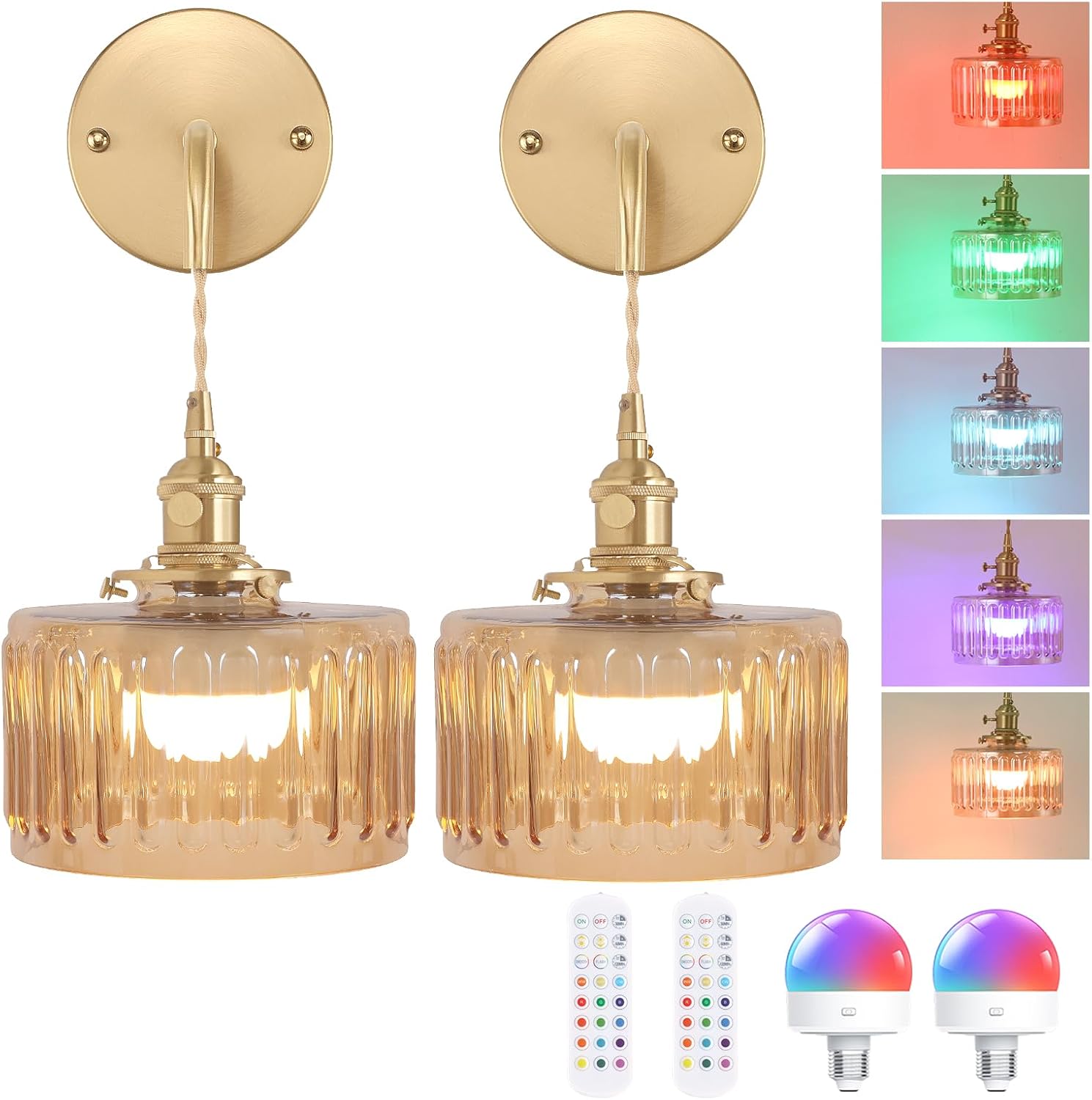 Battery Operated Wall Sconce with Amber Striped Shade Pattern Glass Adjustable Chain Retro Gold Wall Mounted Light, Modern Wall Decor for Bedside Bedroom Indoor Doorway? Set of 2 Z-Striped-Amber Battery Operated 2 Pack