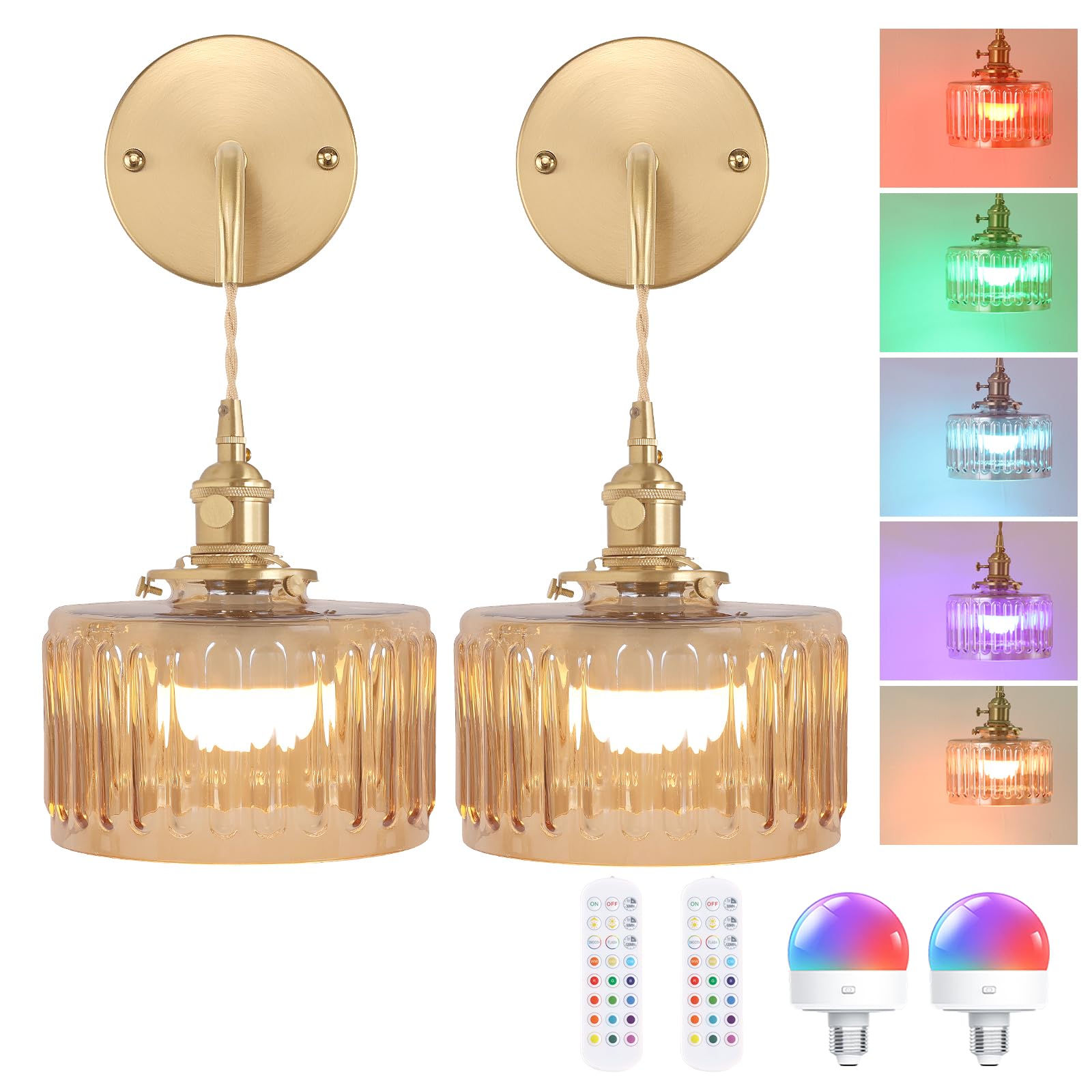 Shenmoyl Battery Operated Wall Sconce with Amber Striped Shade Pattern Glass Adjustable Chain Retro Gold Wall Mounted Light, Modern Wall Decor for Bedside Bedroom Indoor Doorway， Set of 2