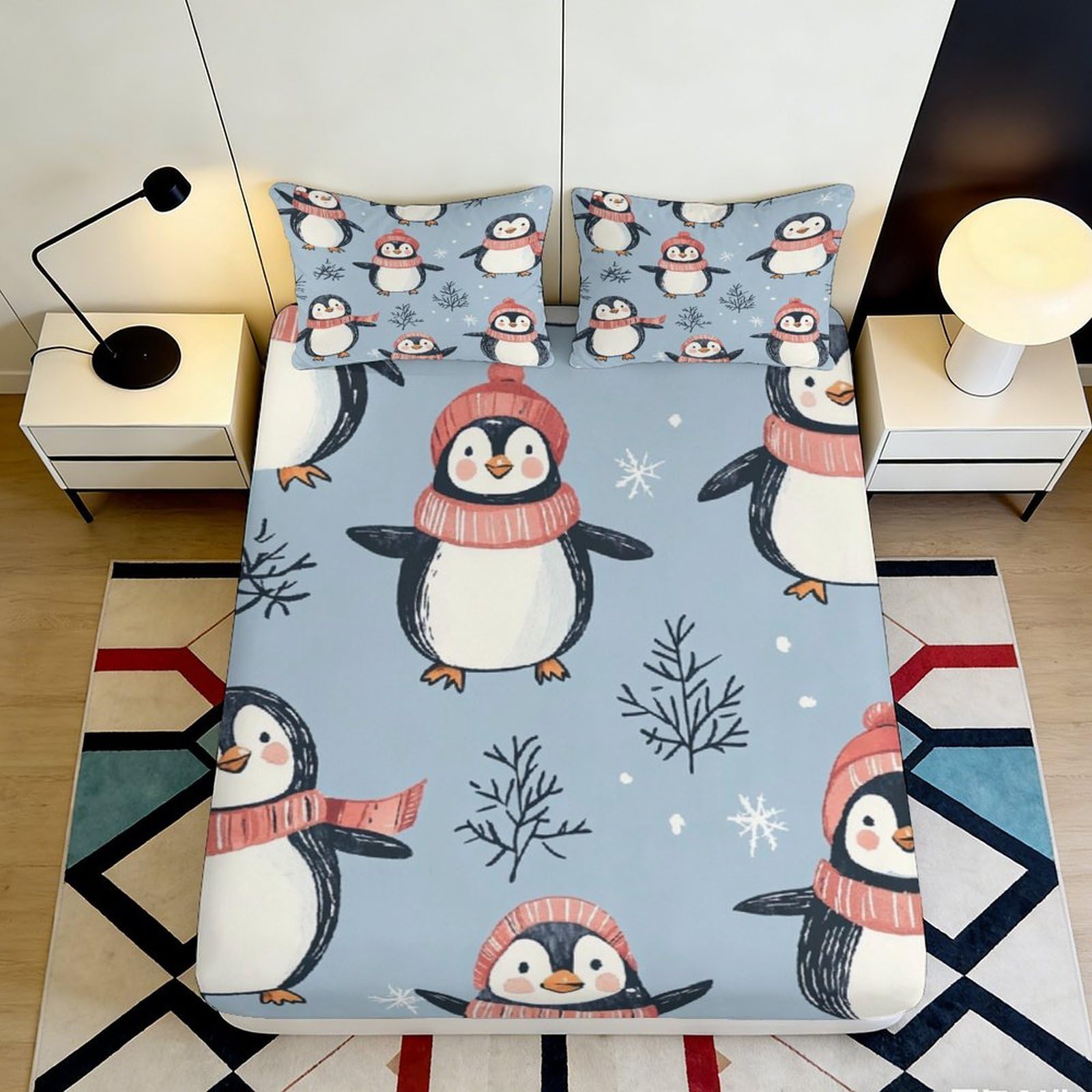 Pnayamiorkfel Style-3 3D Printed Winter Penguin Fitted Sheet Microfiber Anti-Slip Easy Care Christmas Bed Cover For Bedroom Guest Room Decor 90X200x25cm