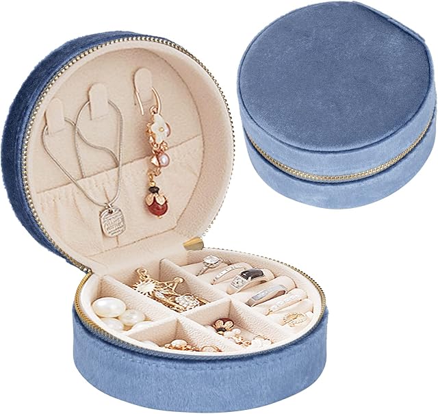 Round Mini Jewelry Box Organiser, Portable Travel Jewellery Case, Velvet Travel Jewelry Organiser, Rings Earrings Necklace Bracelets Jewelry Gift Box Girls Women