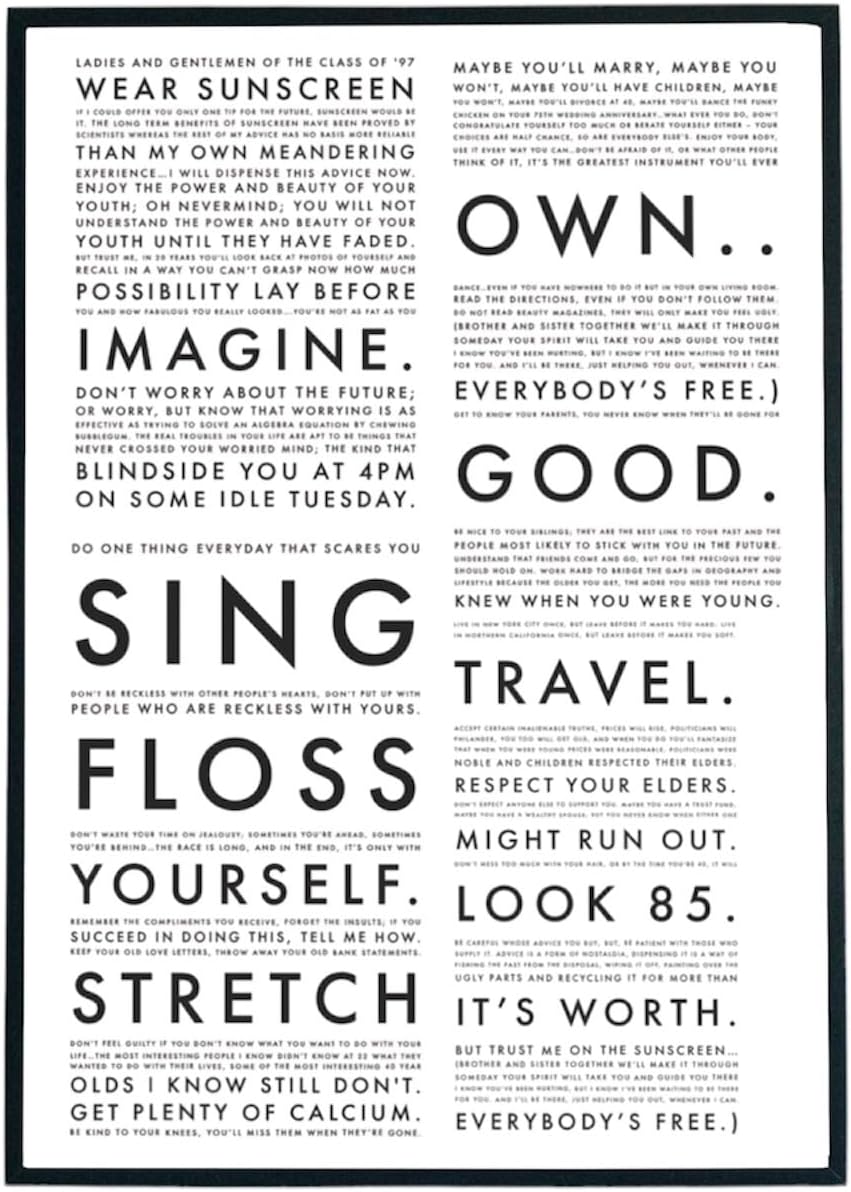 Baz Luhrmann Everybody's free to wear sunscreen. The sunscreen song print A4