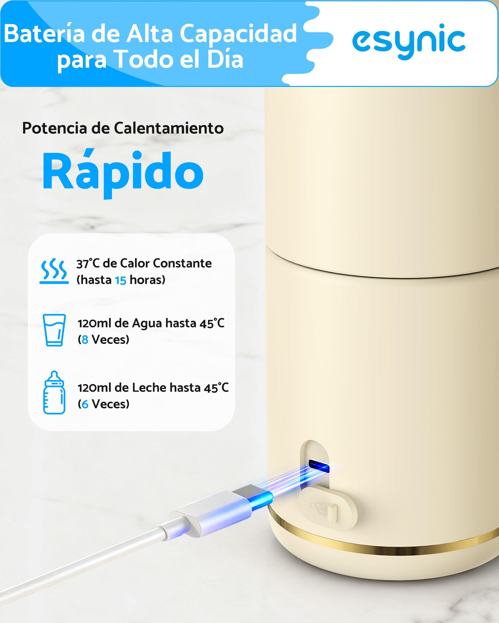 eSynic Calentador de Biberones Portátil para Viaje con Batería de Larga Duración Calienta Biberones para Leche Materna y Agua Rápido Control de Temperatura Acero Inoxidable Capacidad 450ml para Bebé