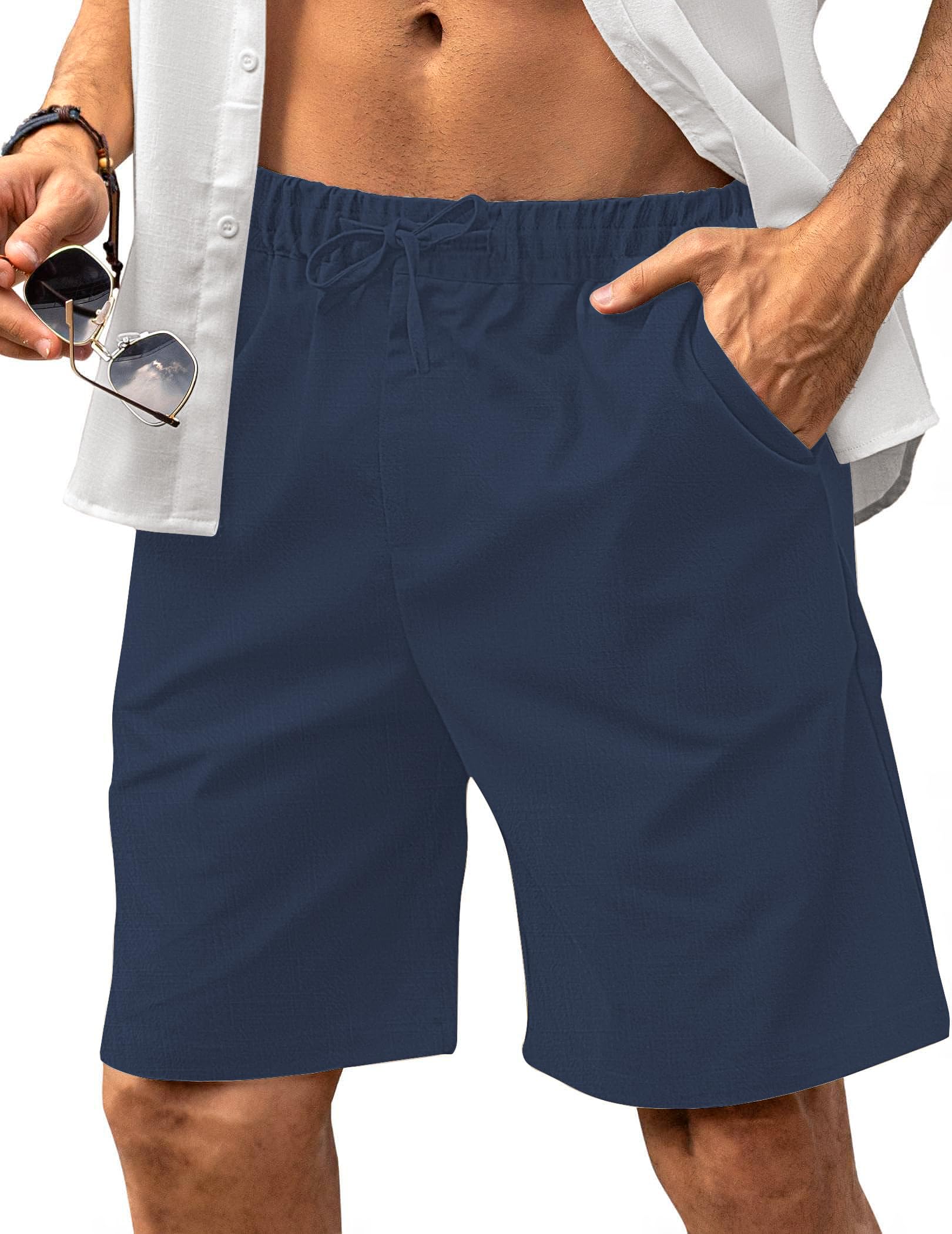 HMIYA Kurze Hosen Herren Leinen Shorts Leichte Bermuda Sommershorts Atmungsaktiv Leinenhose Kurz mit Taschen