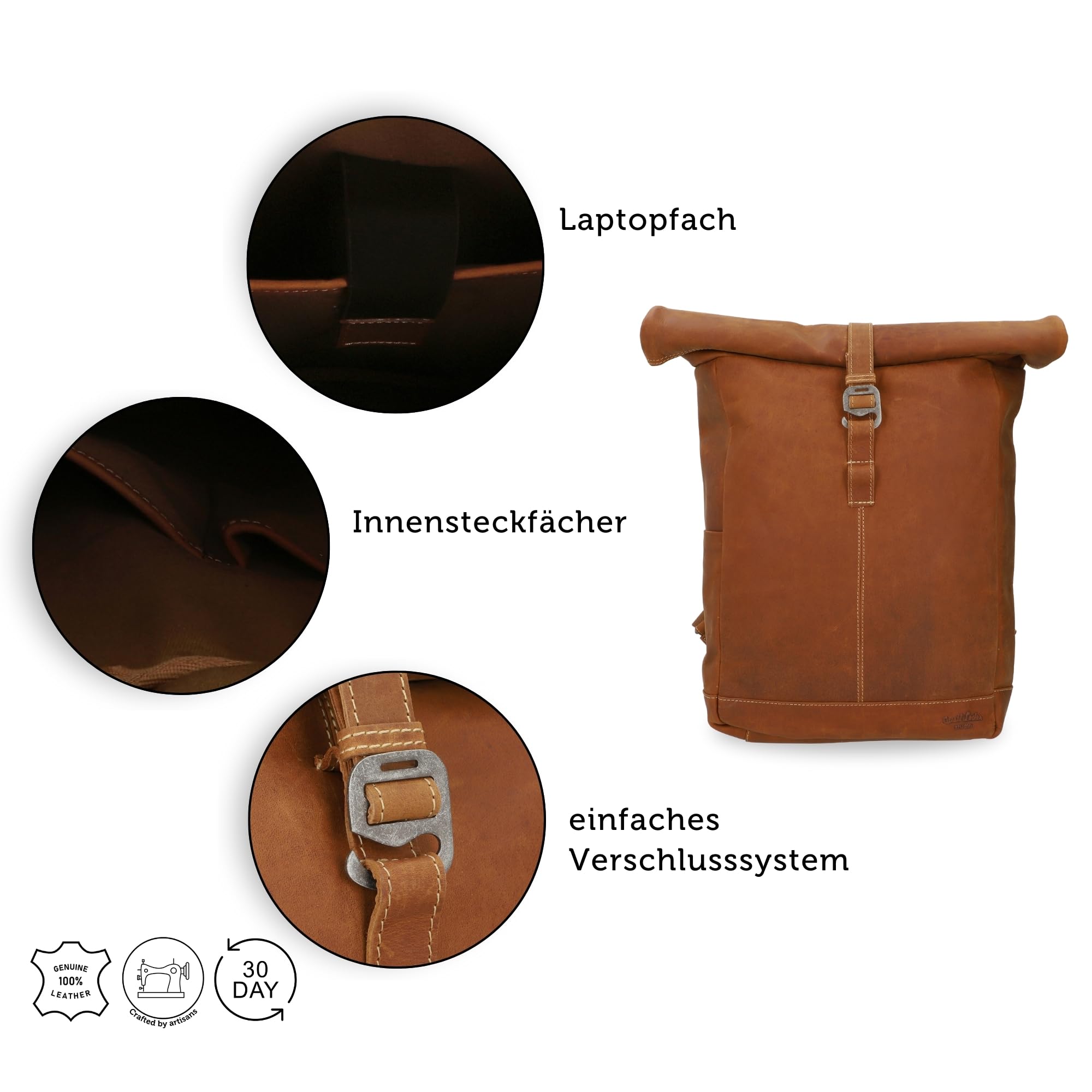 Gusti Leder „Bendik“ Rolltop Rucksack – Lederrucksack Braun für Damen & Herren, Vintage Cityrucksack aus Echtleder, Laptop Rucksack & Outdoor Backpack für Alltag, Uni & Reisen