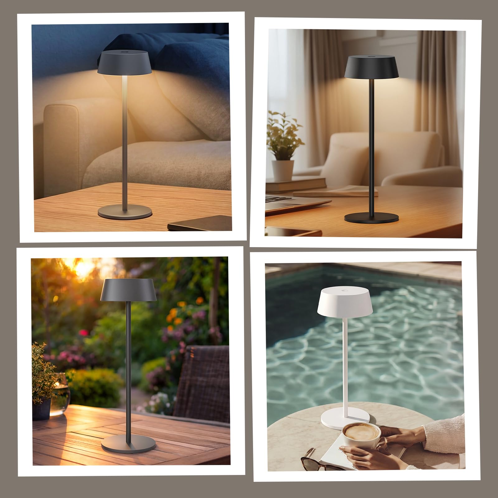 Klighten 2 Piezas LED Recargable Lámpara de escritorio con batería, Regulable Antracita Lámpara de mesa Aluminio con Carga USB Interiores y Exteriore, 3000K de luz cálida, IP54 Imperméable