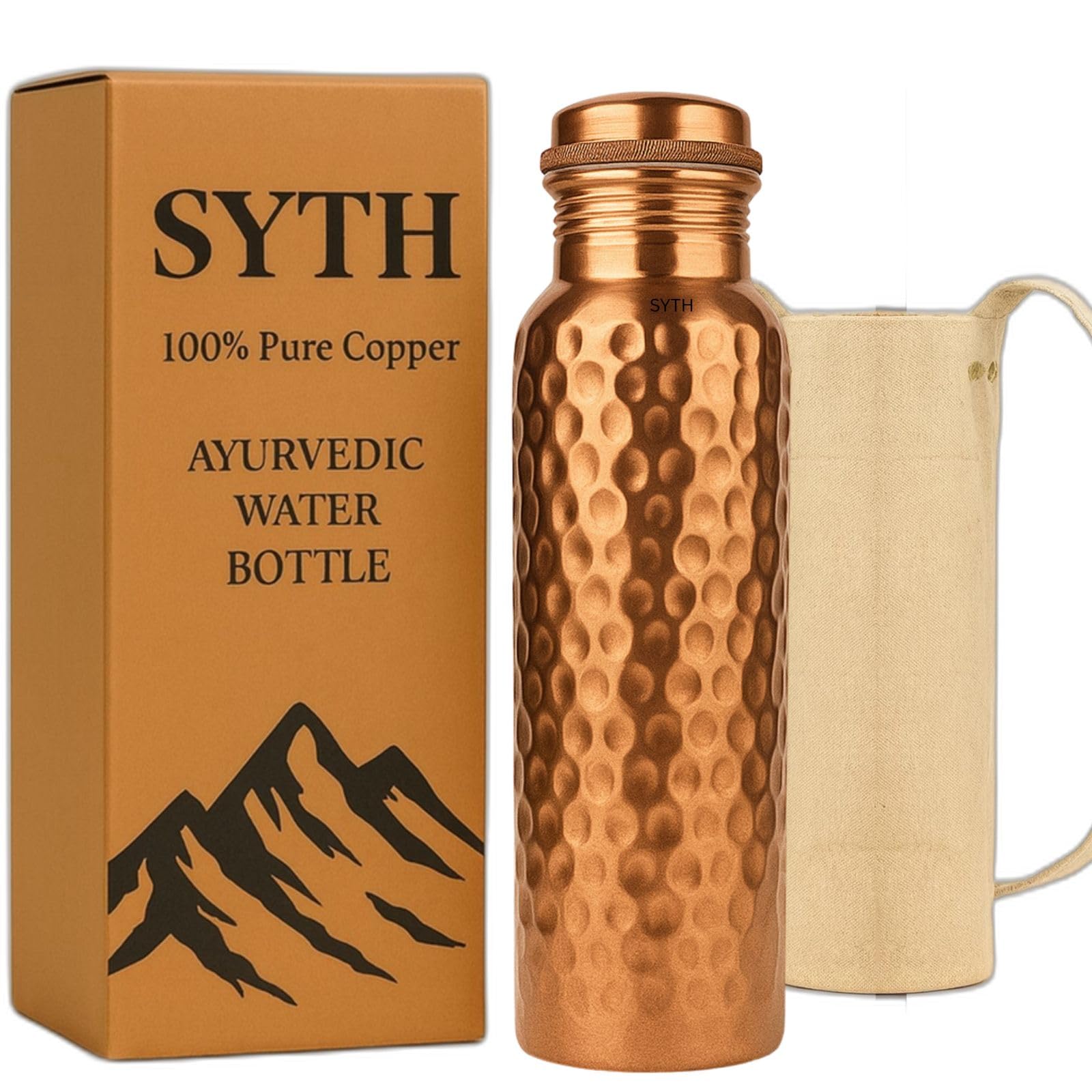 Photo 1 of SYTH 100% Pure Copper Water Bottle With carrying Canvas Bag|Lab-Tested|34 OZ Leakproof, Handcrafted Ayurvedic Copper Vessel for Health, Pure copper water bottle for drinking (Copper Bottle With bag)
