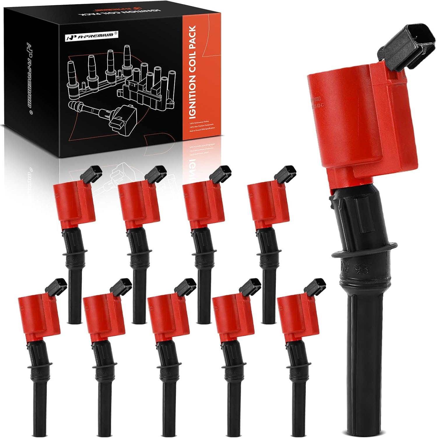 A-Premium (Red) Engine Ignition Coil Pack Compatible with Ford F-150, E-350 Super Duty, Mustang, Excursion, E-450 & Lincoln Navigator, Town Car & Mercury Grand Marquis & VPG, Replace# DG508