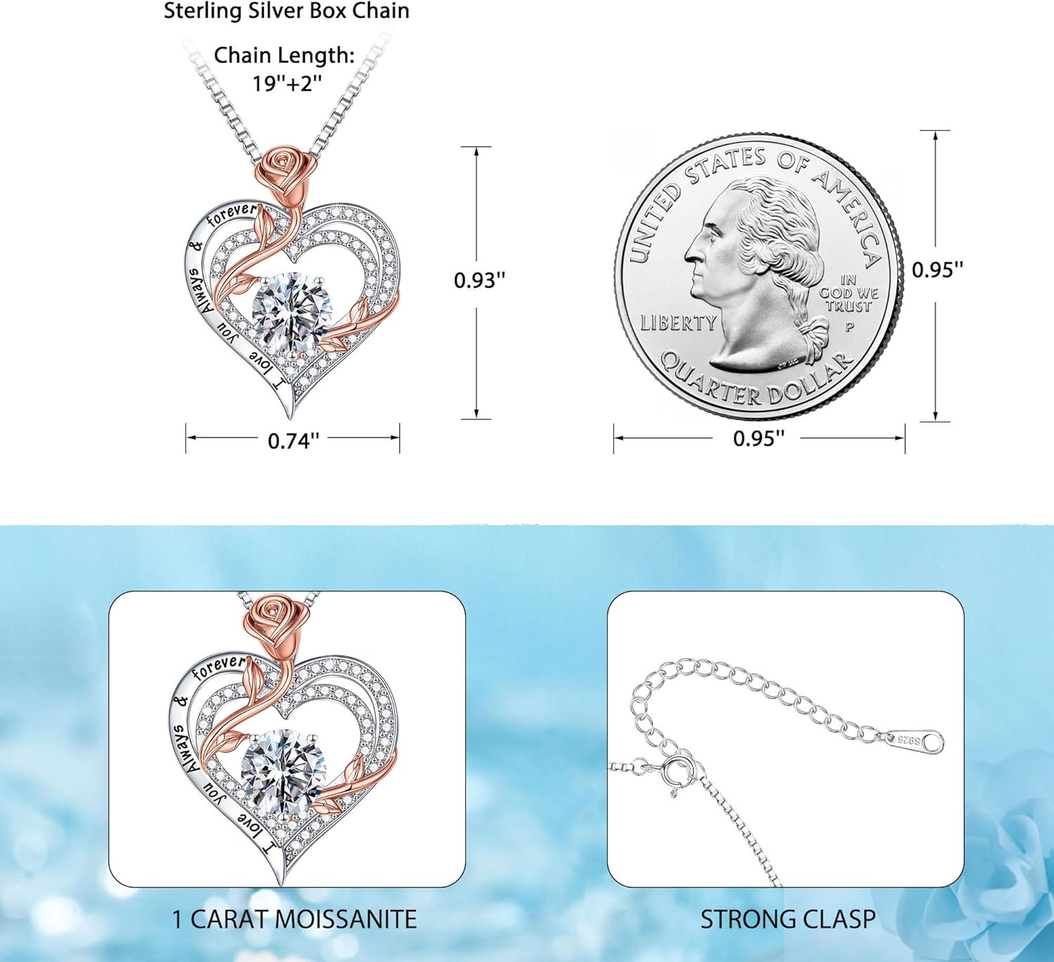 MOOSEA Valentines Day Gifts for Her - 925 Sterling Silver Rose Heart Moissanite Necklace, 1-3 ct Lab Created Moissanite Anniversary Birthday Gifts for Mom Wife Girlfriend Jewelry Gift - Image 5