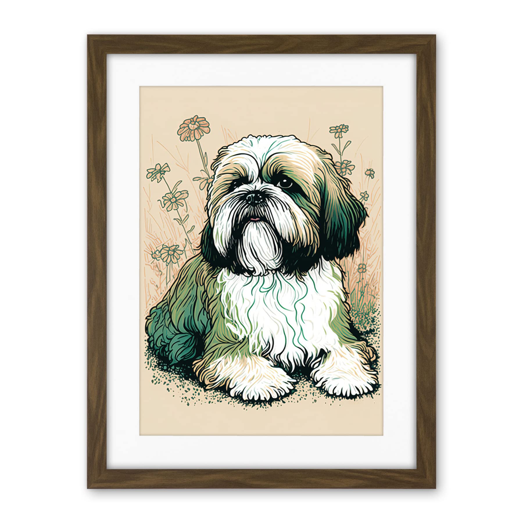 Artery8 Shih Tzu Dog with Daisies Modern Multicoloured Linocut Illustration Artwork Framed Wall Art Print 18X24 Inch