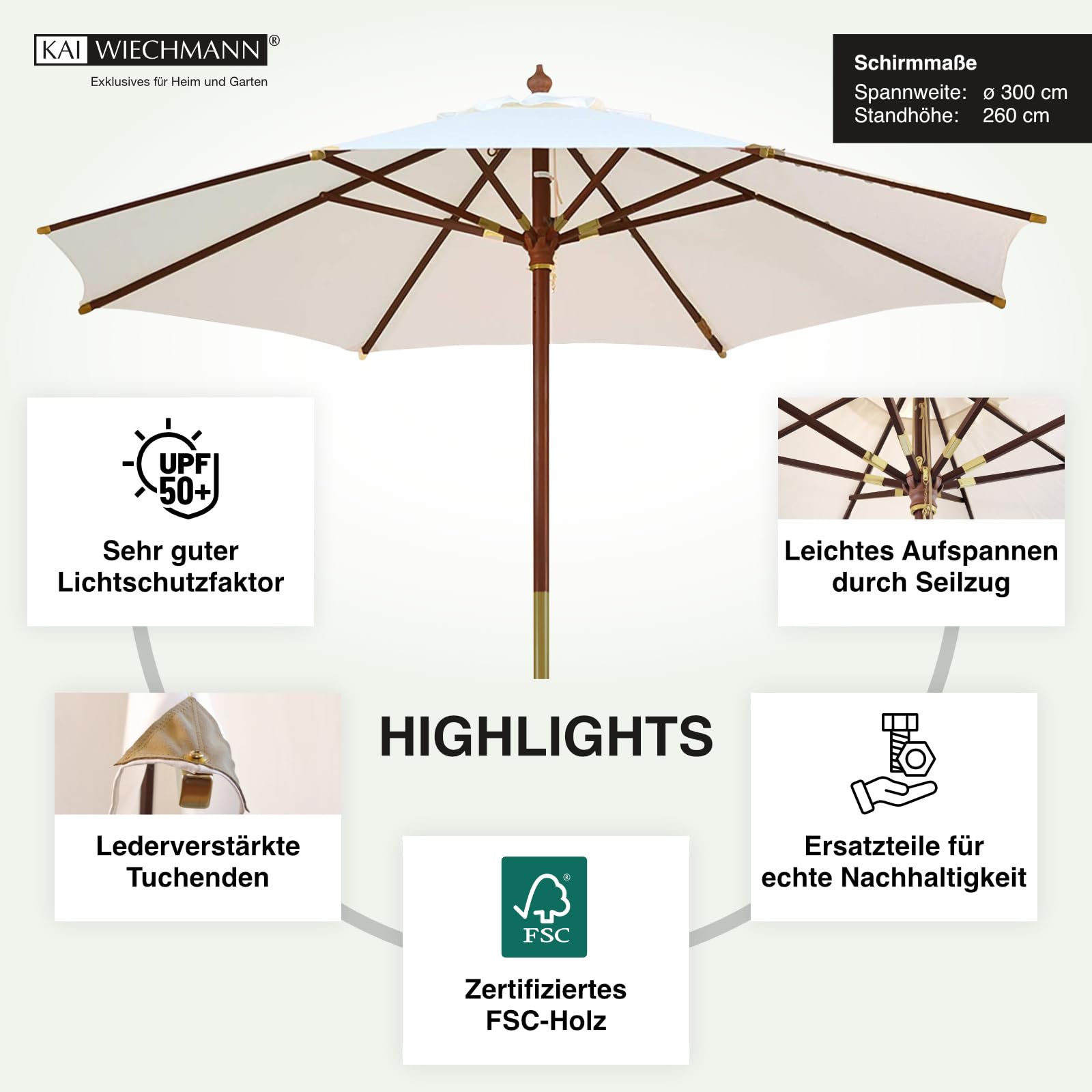 Kai Wiechmann Sonnenschirm 300 cm edel Windauslass UV-Schutz 50+