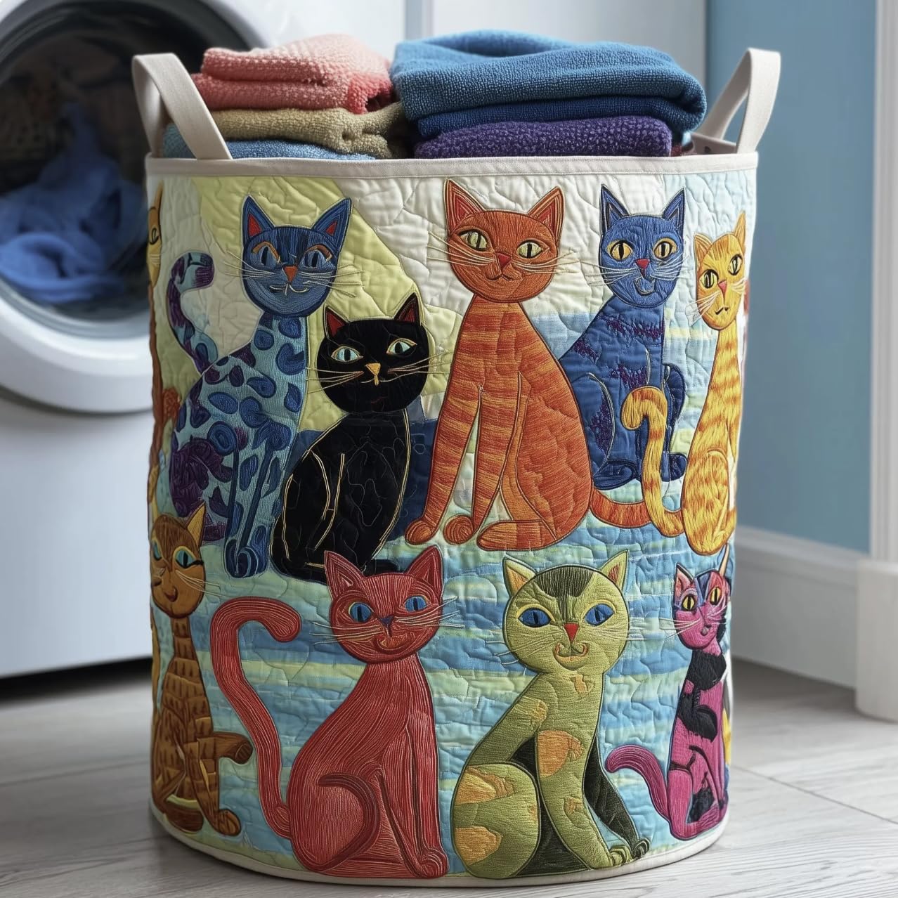 Cat Quilted Laundry Basket with Handles – Soft Fabric Hamper for Clothes, Towels & Home Storage (A,Large (20" x 28")) - 3