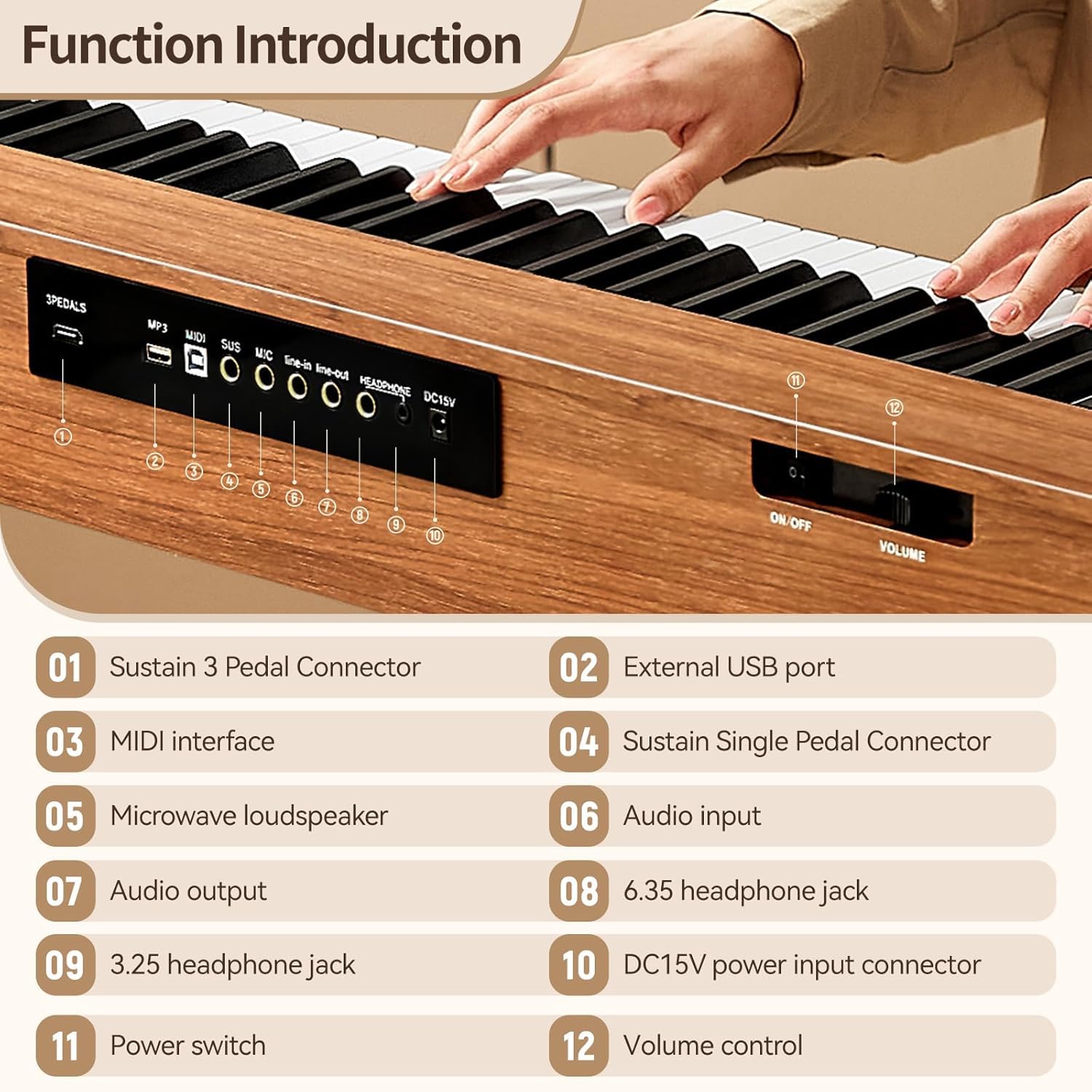 E Piano 88 Tasten Hammermechanik : TERENCE Keyboard Piano 88 Tasten mit Ständer Klavier mit 20W Lautsprecher Dreifachpedal Unterstützung Videoaufnahmen MIDI Bluetooth Kopfhöreranschluss Eichenfarbe