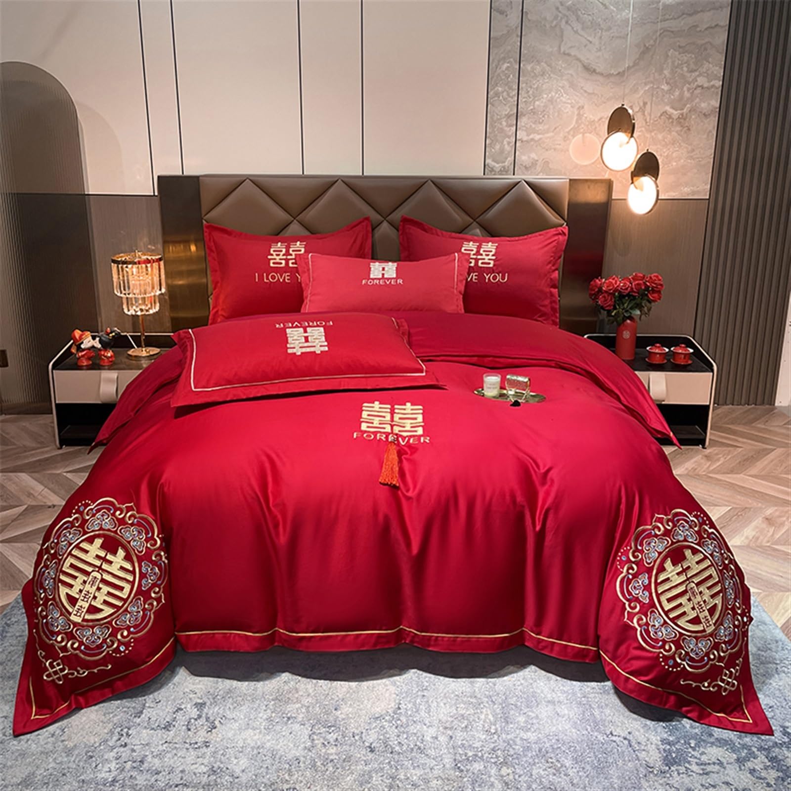 新品未使用品】 高級婚礼布団 鳳凰刺繍の赤い掛け布団