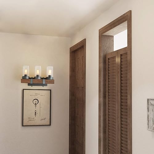 Miniatura 3 de LOG BARN Lámpara rústica para tocador de baño, lámpara de pared, 3 luces en madera y vidrio cilíndrico burbujeado