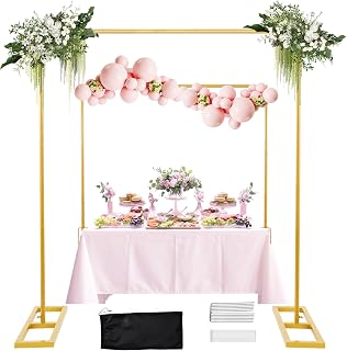 8.2FT Square Backdrop Stand,Wedding Arch Heavy Duty Adjustable Stand, Change Over The Table Rod Stand with Clamps,Metal Gold Balloon Arch Frame for Parties Decor(Two Person Installation)