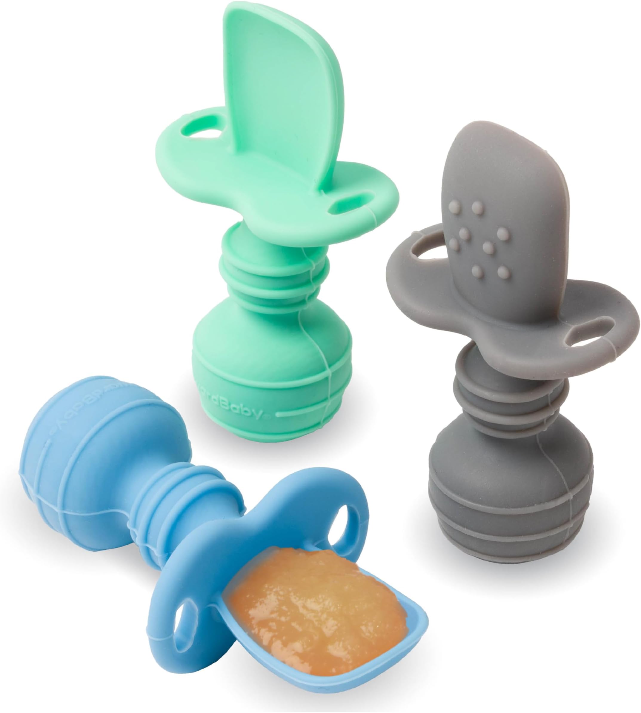 UpwardBaby Self-Feeding Spoon - Anti Choke Barrier - Silicone Baby Spoons Toddler Utensils for Home & Travel, Textured Tips Massage Gums & Baby-Led Weaning (Blue/Gray/Mint)