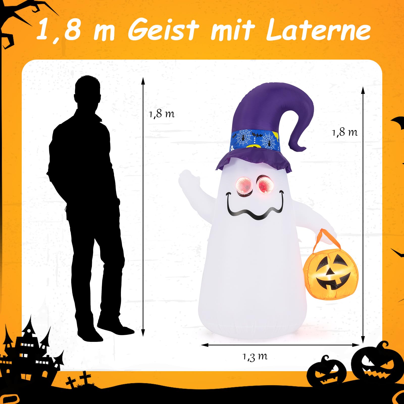 COSTWAY 180CM Halloween Deko Outdoor, LED Aufblasbarer Halloween-Geist mit Kürbis, Schreckliche Dekogeist für Hausgarten Rasen Garten Party, selbstaufblasend