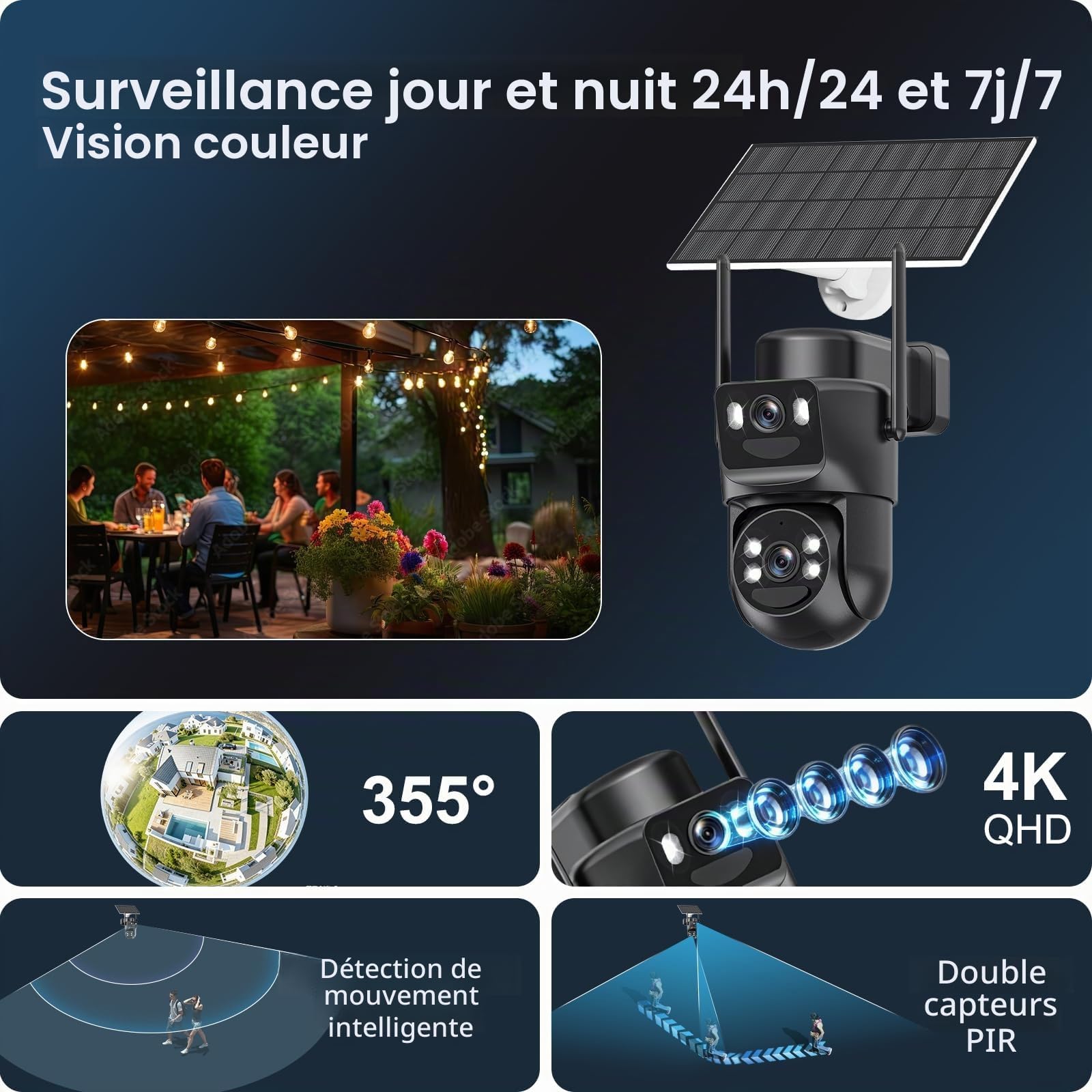 4K Telecamera Wi-Fi Esterno Senza Fili con Pannello Solare,8MP Doppio Obiettivo Videocamera Sorveglianza WiFi,Visione Notturna a Colori,Audio Bidirezionale,Rilevamento Umano PIR,IP66