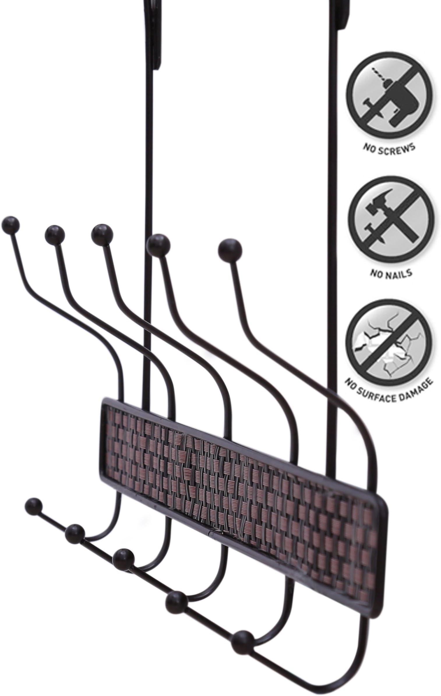 Easy to Hang Easy Fix Over Door Coat hangers, No Screws No Drill, Back of door Hooks for Clothes, Hats, Skirts, Trousers, Jackets, Jeans, Suits and Bags, Portable Towel rack (5 Hook, Brown Metal Storage Set)