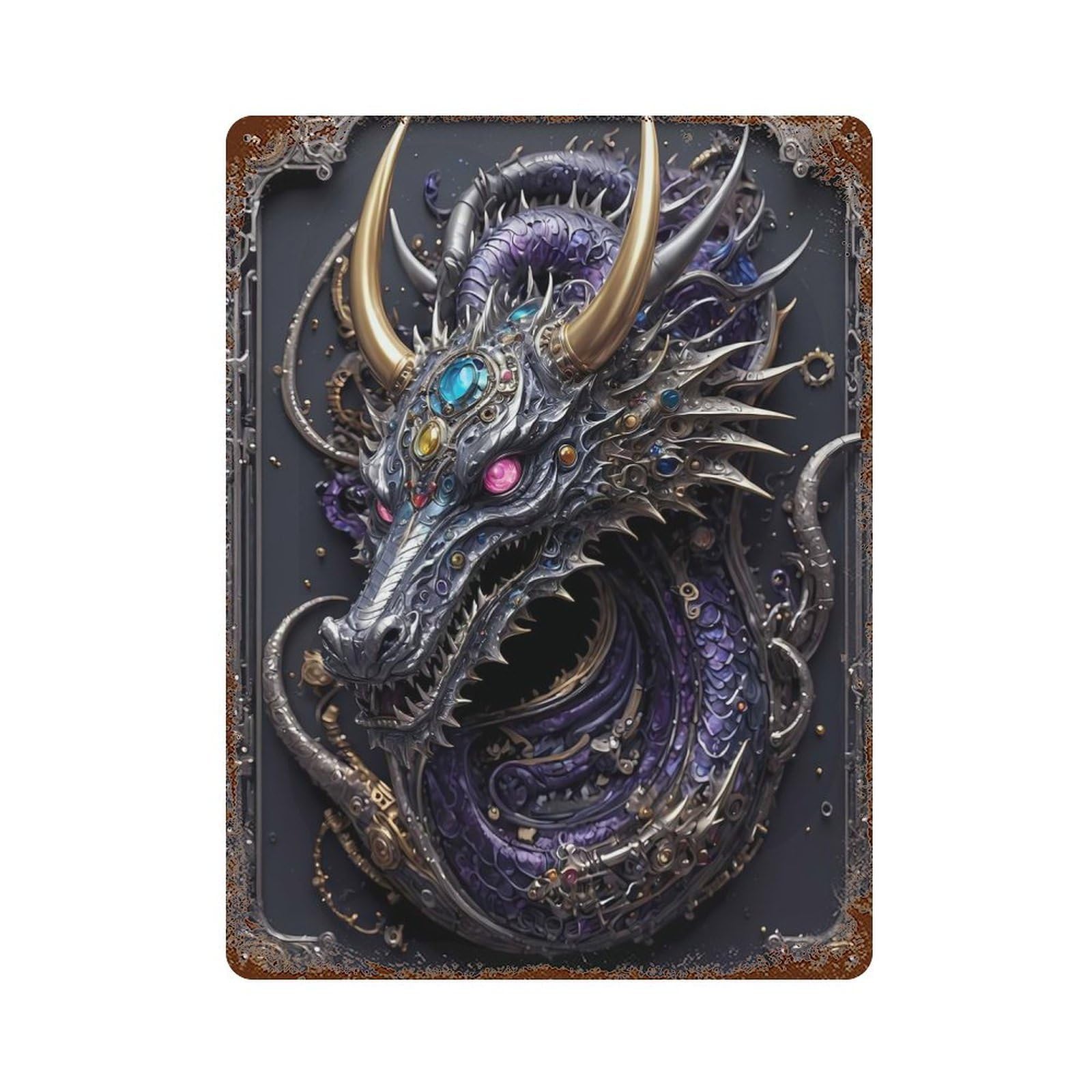 Steampunk Guardian Dragon Aged Metal Wall Plaque 15.7"x11.8", Classic Wall Plaque for Garage, Pub Or Kitchen