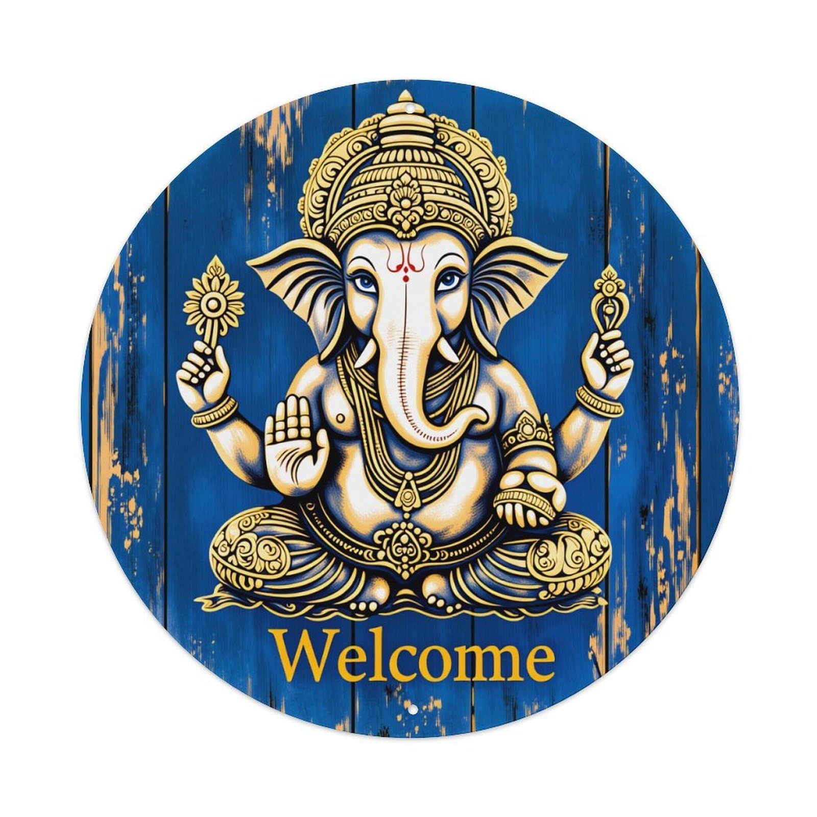Ganesh Deity Welcome Sign Art Round Tin Sign Vintage Style Metal Sign Home Bar Garden Wall Plaque Decor Metal Poster 8x8 Inch
