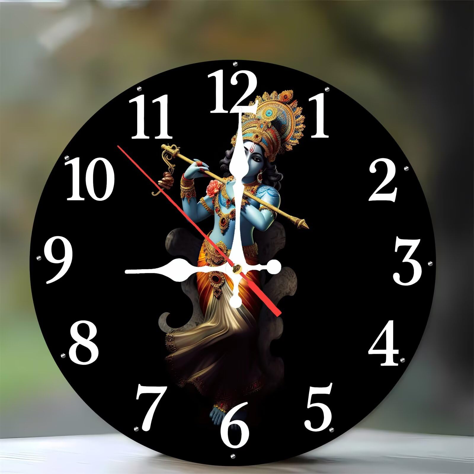 Horloge murale en bois 35 cm avec statue de dieu indien silencieuse