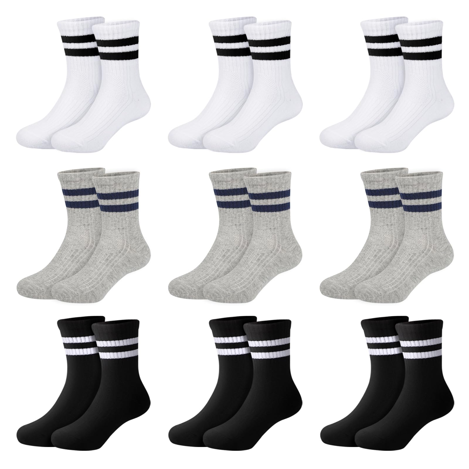 Boys Socks 9 Pairs Kids Sports Cushioned Crew Socks Girls Black White Grey Striped Cotton School Athletic Socks 2-15 Years Toddler to Junior