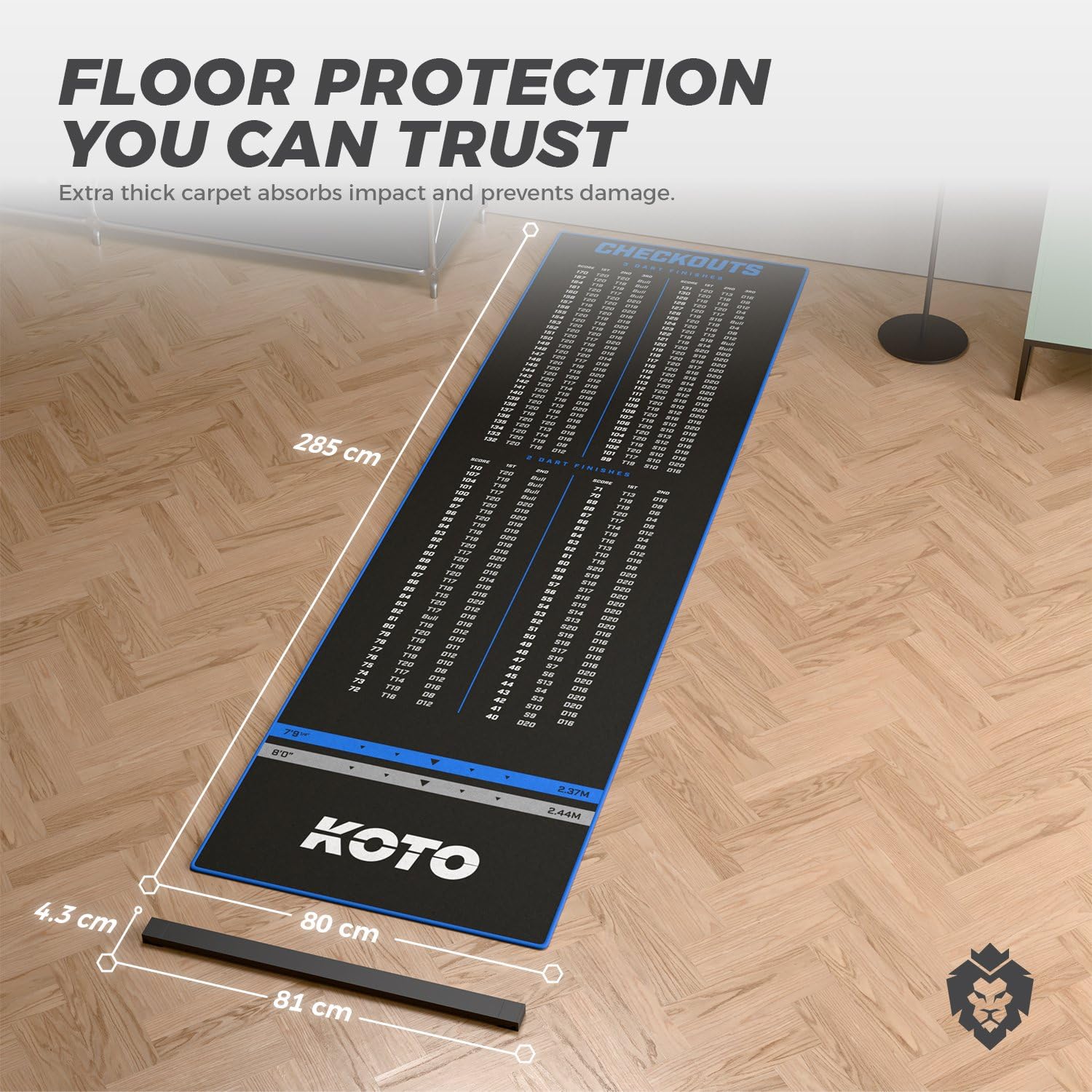 KOTO - Tapis de Fléchettes Checkout Oche Bleu 285 x 80 cm + Oche INCL. Indicateur de Score, Antidérapant, Tapis Flechette Sol