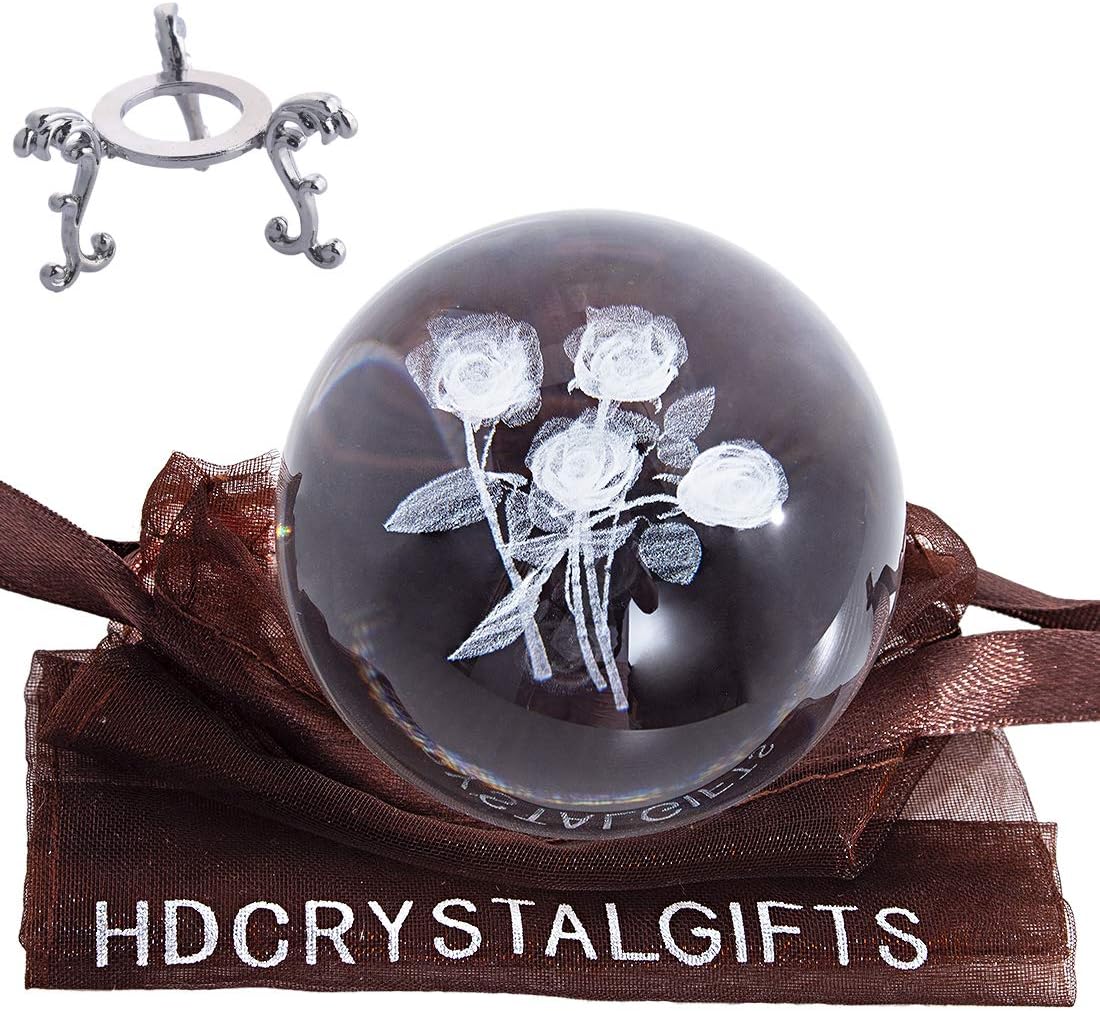 60mm Rose Flowers Crystal Ball with Stand Decorative Paperweight 3D Laser Engraved Glass Ball Sphere Novelty Home Decor Gift